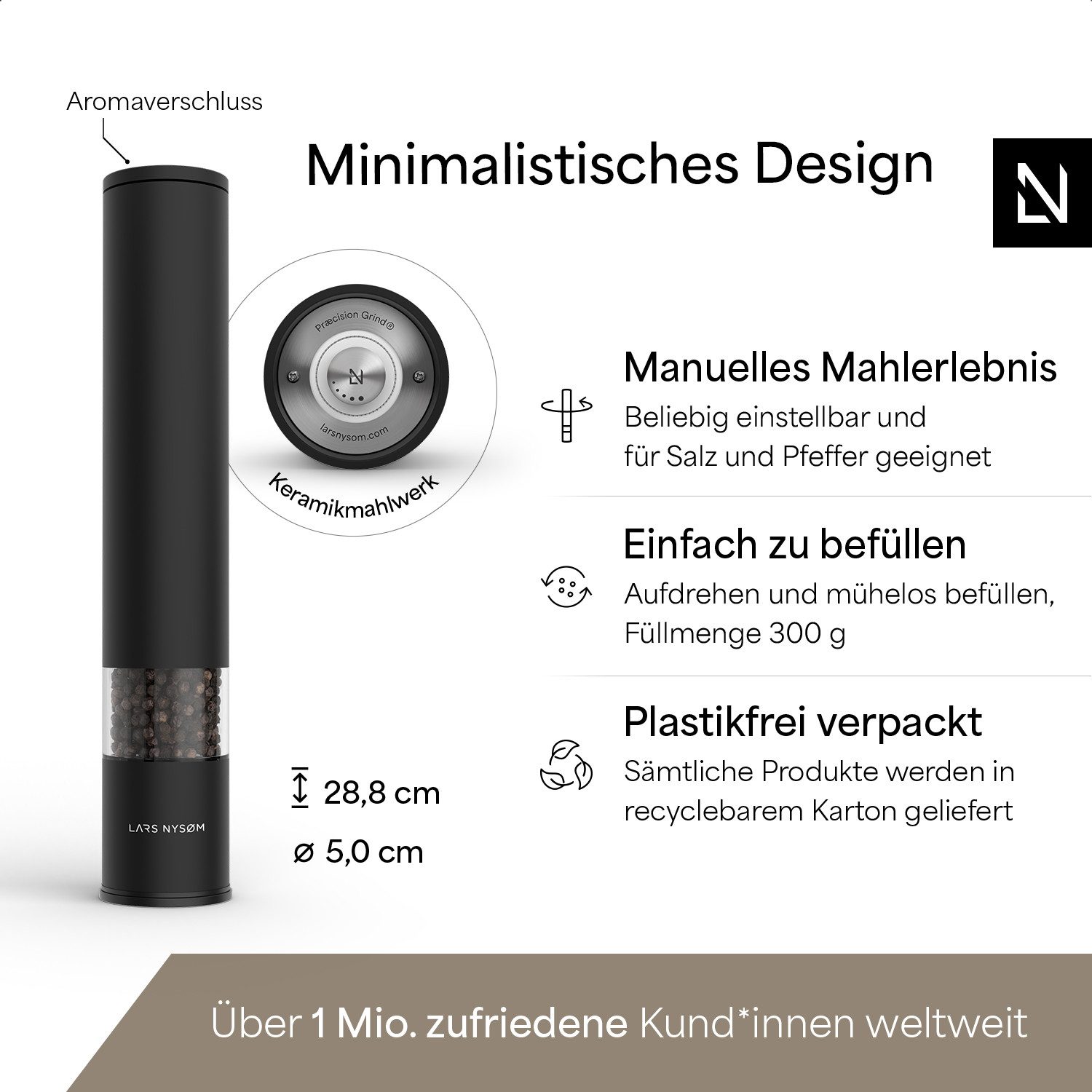 LARS NYSØM Gewürzmühle Lagom manuelle Bedienung, (1 Stück), Edelstahl XXL Gewürzmühle mit Keramikmahlwerk (Stufenlos) – Bild 4 von 5
