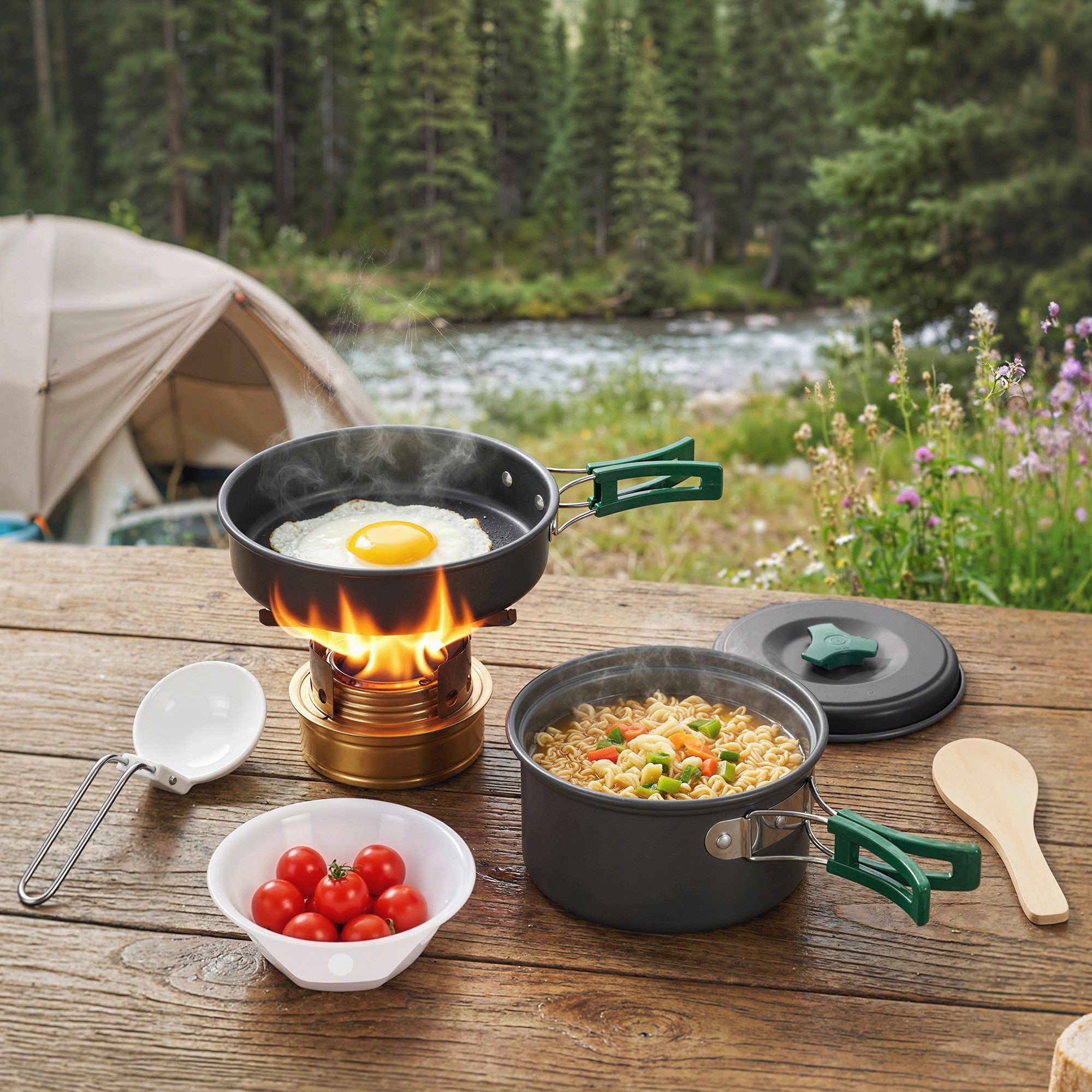 Outsunny Geschirr-Set Camping Kochgeschirr Set mit Anti-Verbrühungsgriffen Topf Pfanne (8-tlg), 2 Personen, Aluminium, Metall, für Outdoor Wandern Picknick BBQ Grau