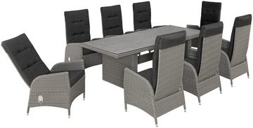 KONIFERA Garten-Essgruppe Brisbane, (Set, 17-tlg., inkl. Auflagen, 8x Sessel, 1x Tisch 225x100x75, Aluminium/Polyrattan), Rückenlehnen verstellbar, Tischplatte aus Stone-Spray-Glas