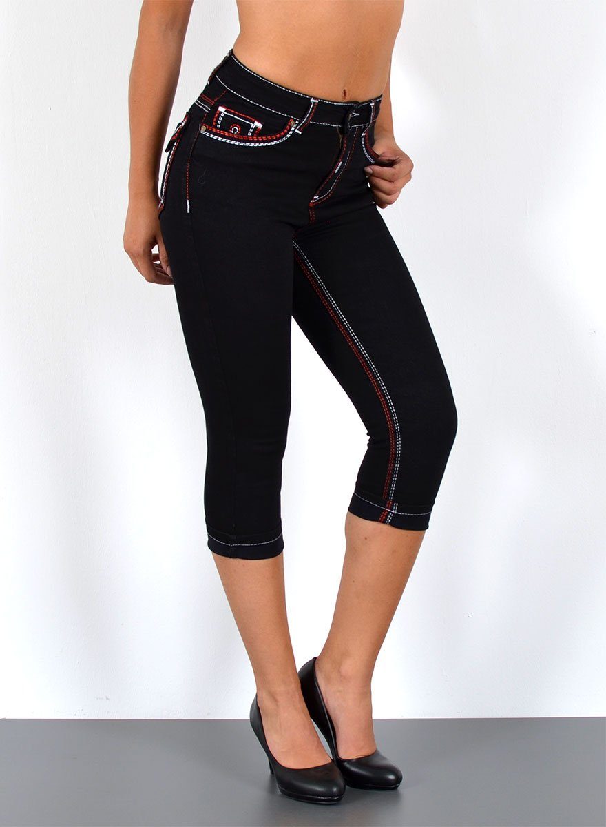 ESRA Caprijeans 3/4 Capri Jeans Damen High Waist weiße Naht Jeans Kontrastnähte J569 Capri Jeans Damen High Waist weiße Naht Jeans Kontrastnähte J569