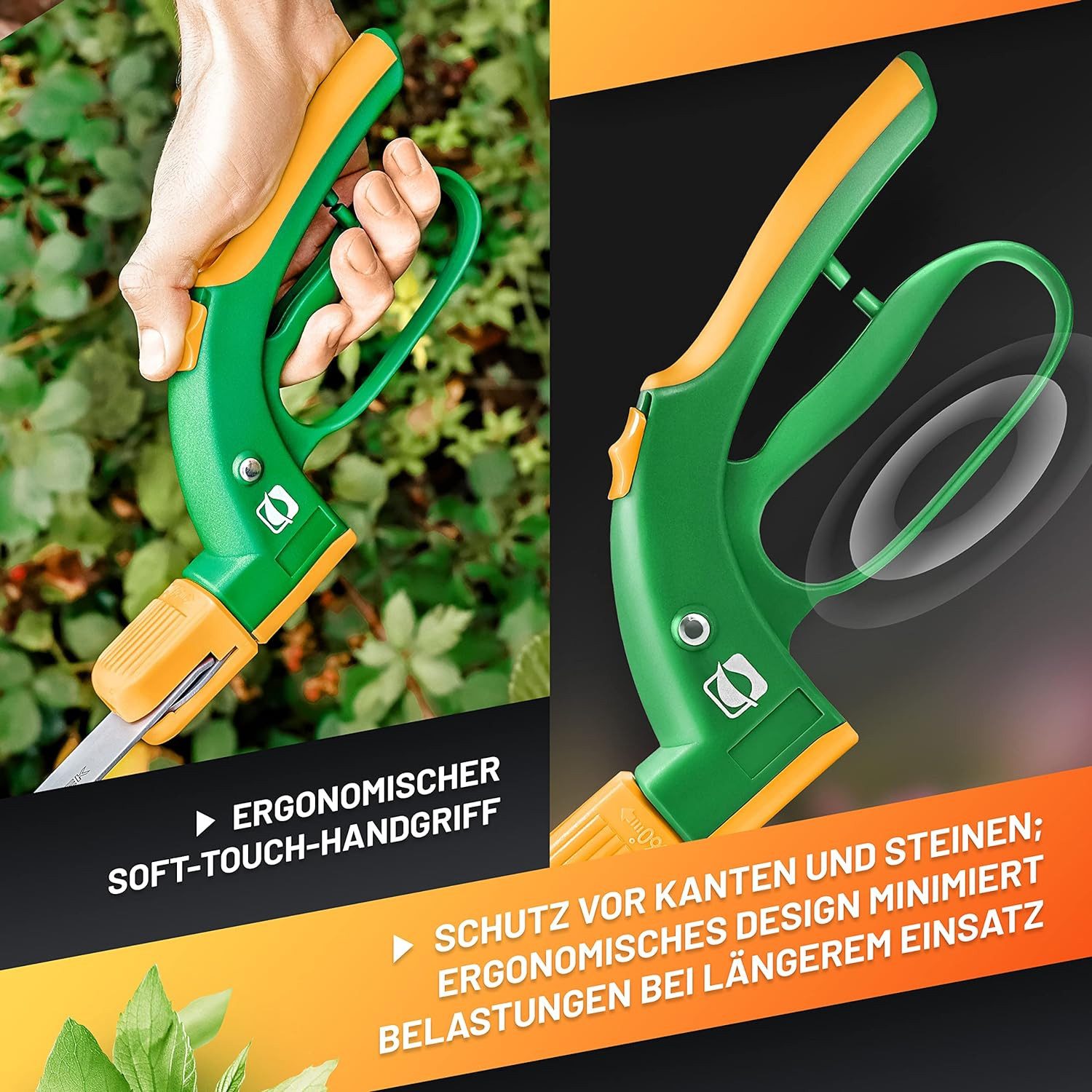GRÜNTEK Grasschere Teflon Rasenschere SEGLER 360° drehbarer Schneidekopf, mit Handschutz, Rasenkantenschere 380 mm, ergonomische Griffe, Anti-Haft beschichtet – Bild 5 von 5