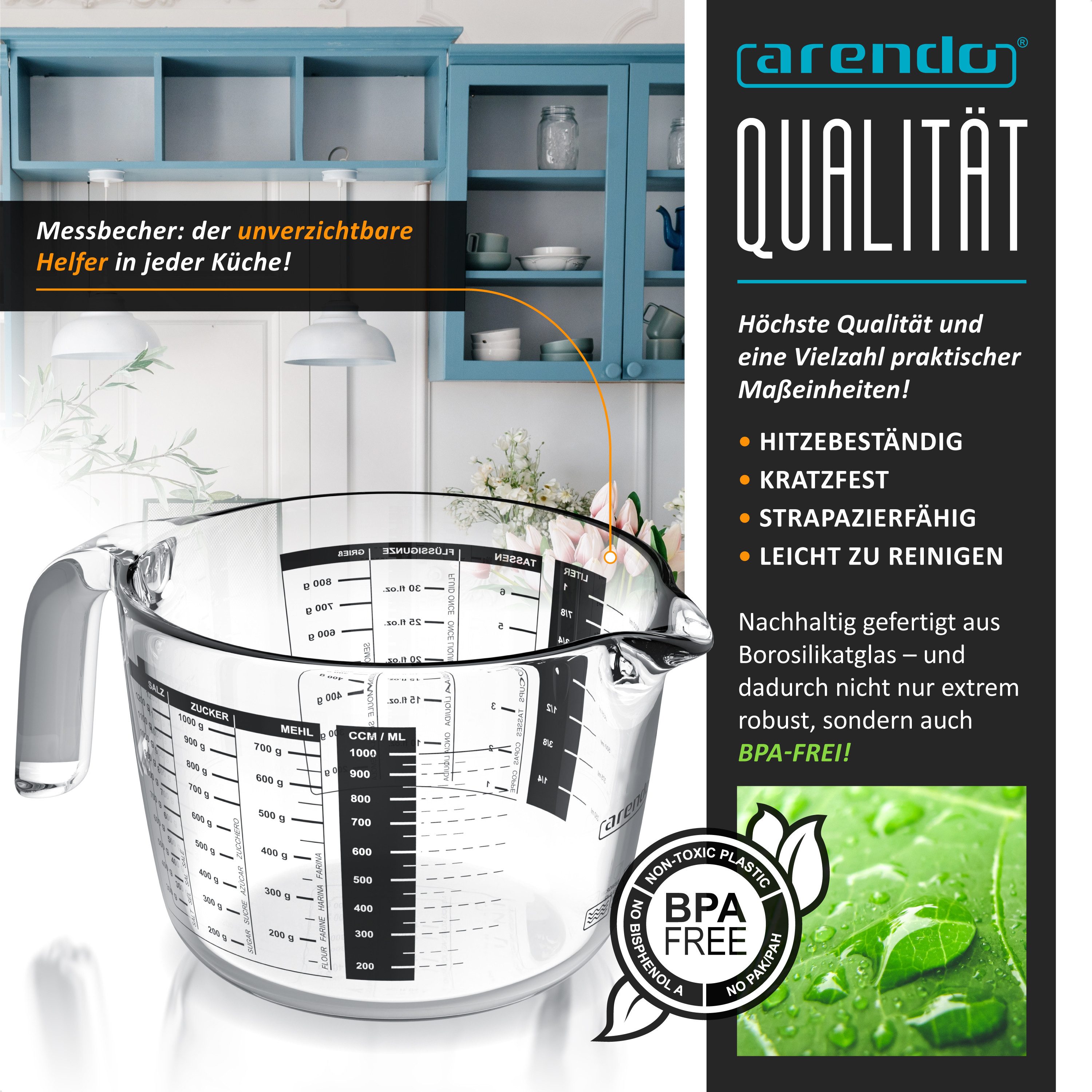 Arendo Messbecher 1 l Glas Messkrug, Borosilikatglas, Mikrowellengeeignet, Rührschüssel, Glas, präzise Skala, hitzebeständig, Mikrowellen geeignet, 1000 ml