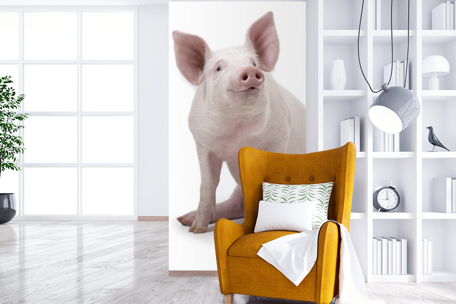 MuchoWow Fototapete Schwein - Fototapete Weiß, bedruckt, Schlafzimmer Bauernhoftiere Küche, - St), für Vliestapete (2 Matt, Wohnzimmer
