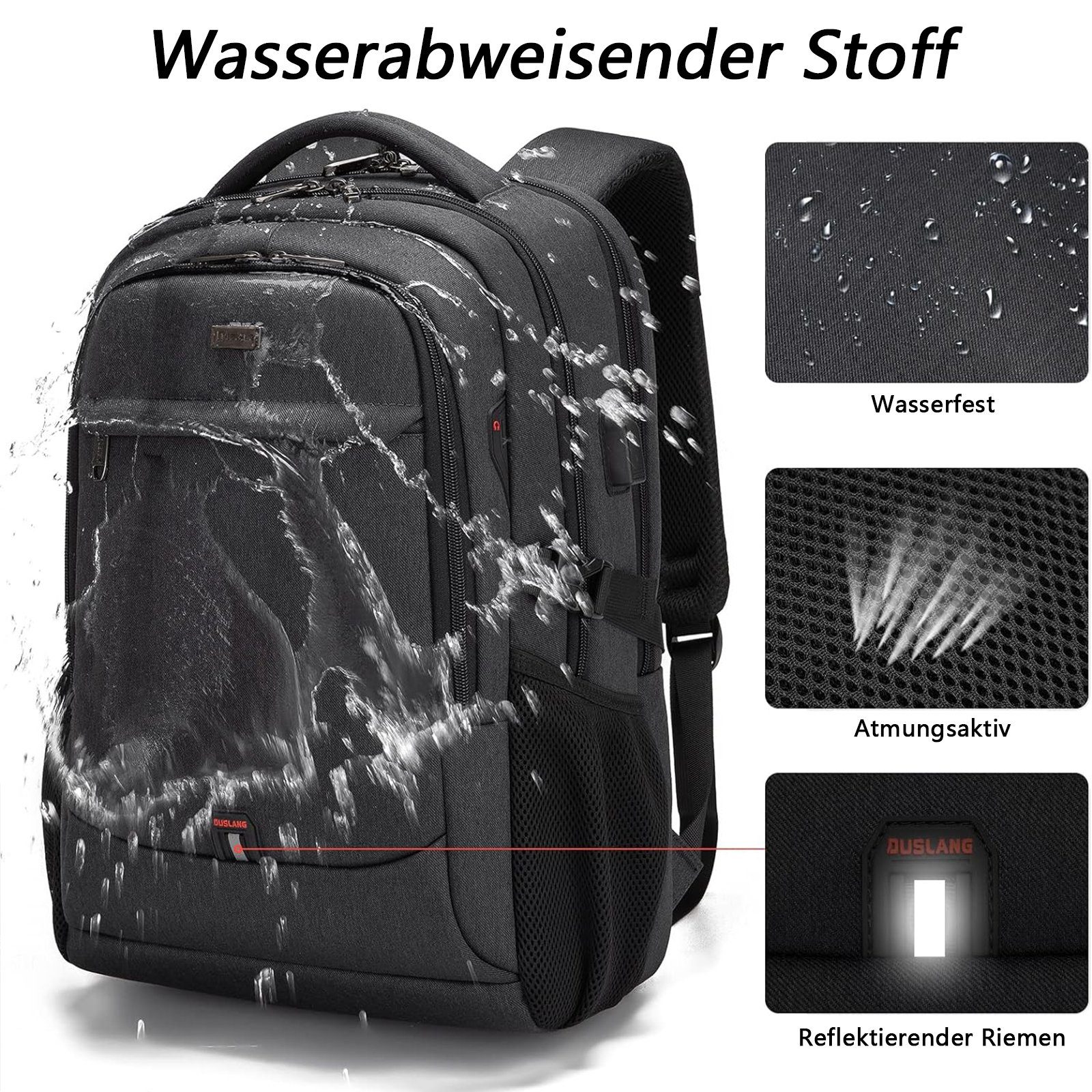 OKWISH Laptoprucksack Herren Damen Schulrucksack Wasserbeständig Laptoptasche (Business Reise Rucksack, Anti-Diebstahl, Sportrucksack, mit USB-Anschluss, Laptopfach), Organizer für Schule Arbeit Freizeit