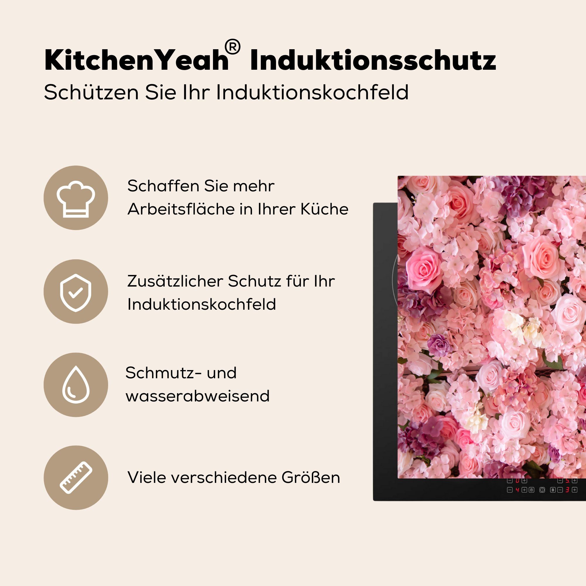 MuchoWow Herdblende-/Abdeckplatte Blumen - die Vinyl, für Induktionsmatte tlg), 59x52 cm, (1 Ceranfeldabdeckung - küche, Rosen, Rosa