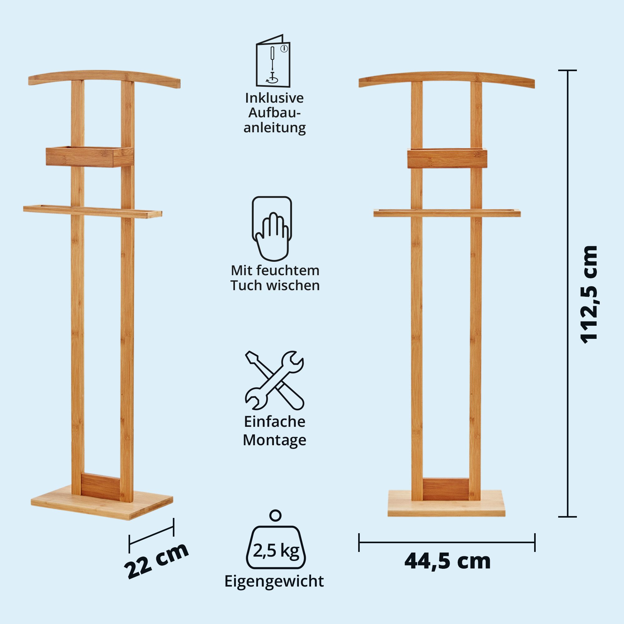 KHG Herrendiener aus Bambus Echtholz für Kleidung, (Stummer Diener, Sackohalter mit Hosenbügel sowie Accessoire-Fach)