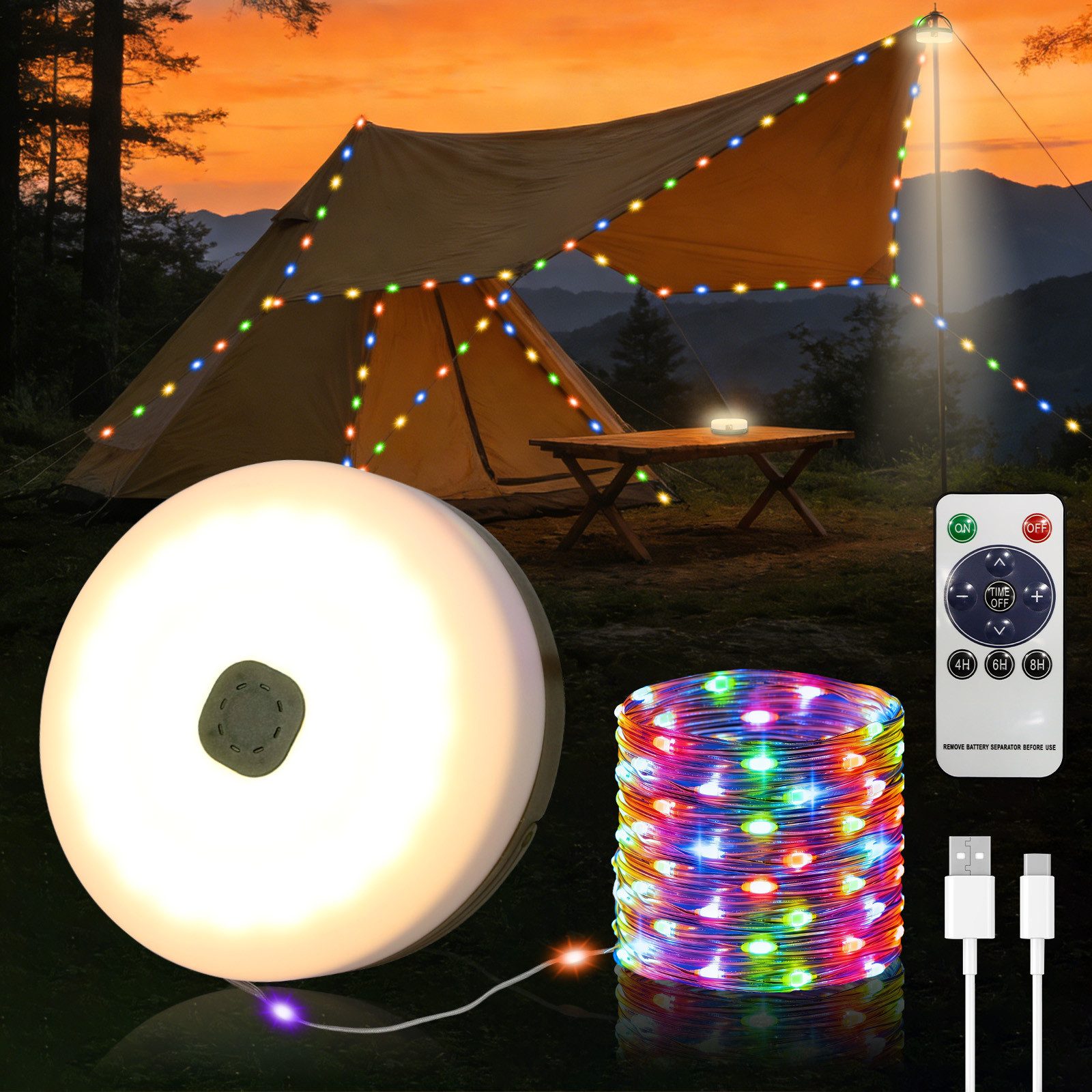 OZAVO LED-Lichterkette Camping Lichterkette Aufrollbar Solar mit Fernbedienung Timer 10M, 100-flammig, 3-in-1 Tragbare Wiederaufladbare Lichterkette USB Aufladung
