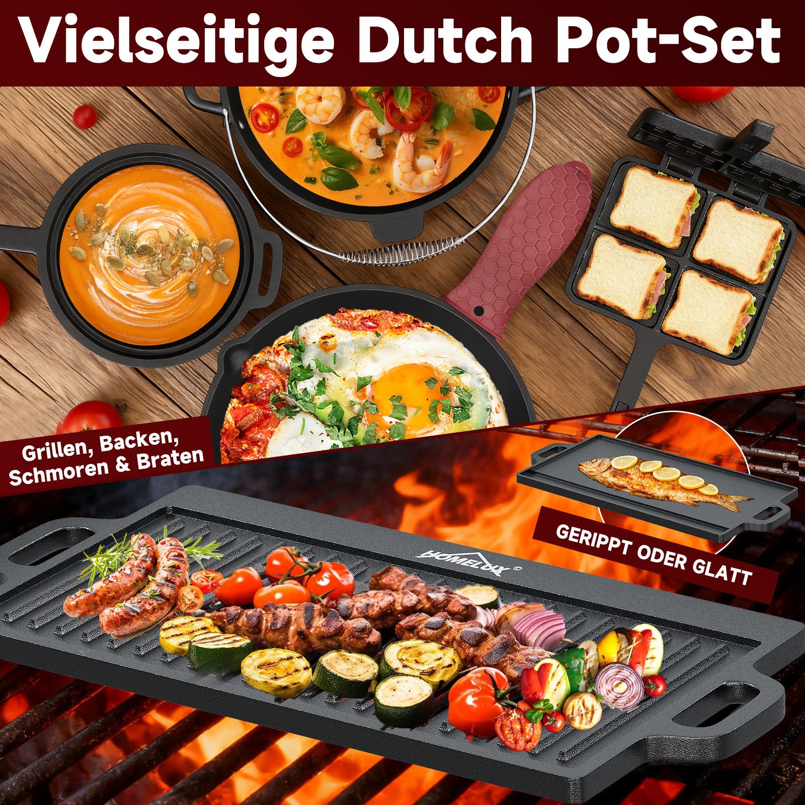 HOMELUX Topf-Set 10/12-tlg. Dutch Oven Set in Holzkiste Kochtopf Grillplatte Stieltopf, Gusseisen (12-tlg., Silikon-Griffhülle, Stapelrost, Deckelheber, Reinigungsgeräte), Gusseisen, vorgebacken, Hitzebeständig bis 280 °C