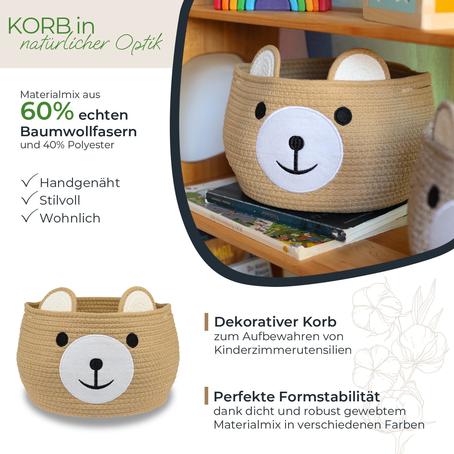 HMF Aufbewahrungskorb Aufbewahrungskorb mit versteckten Griffen, Korb für Kinderzimmer aus Baumwolle, Bär, Honig – Bild 2 von 5