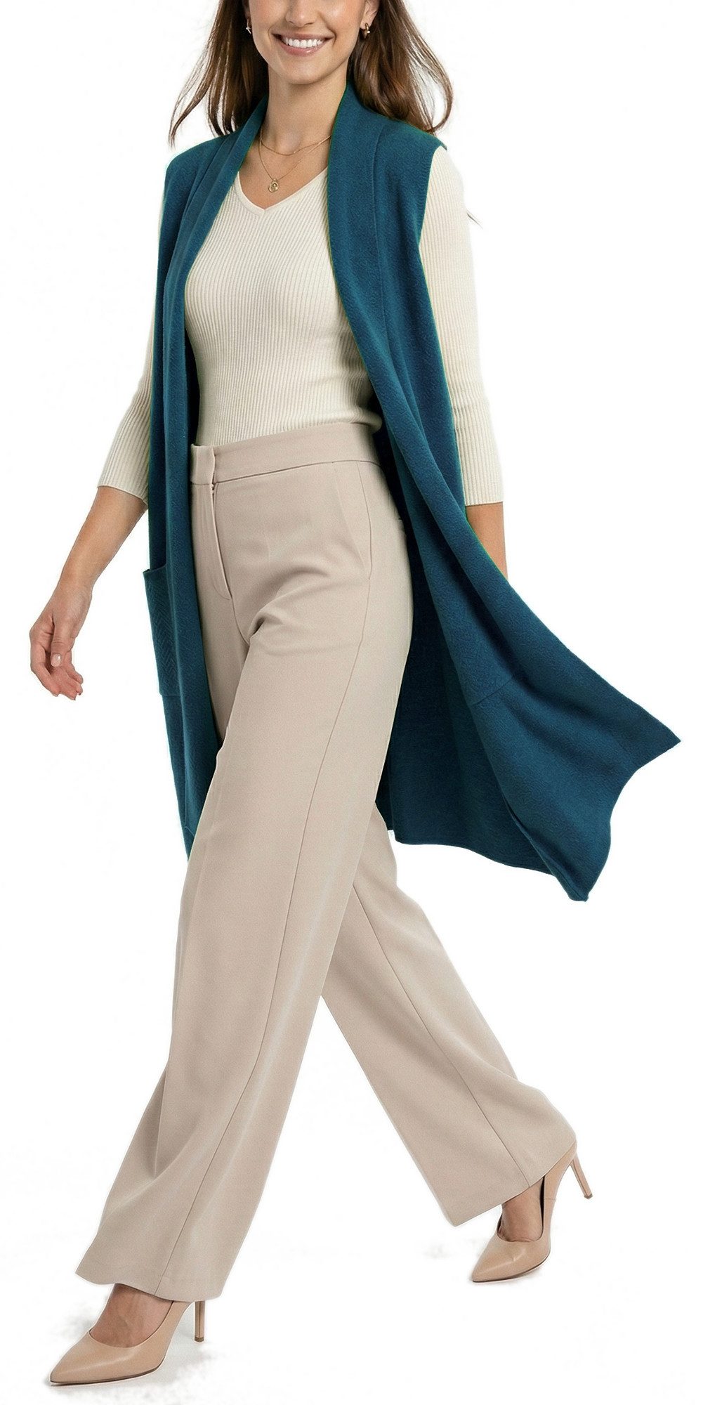 dy_mode Longweste Damen Strickweste lang Elegante Weste für die Übergangszeit in Unifarbe, ohne Verschluss, mit Vordertaschen