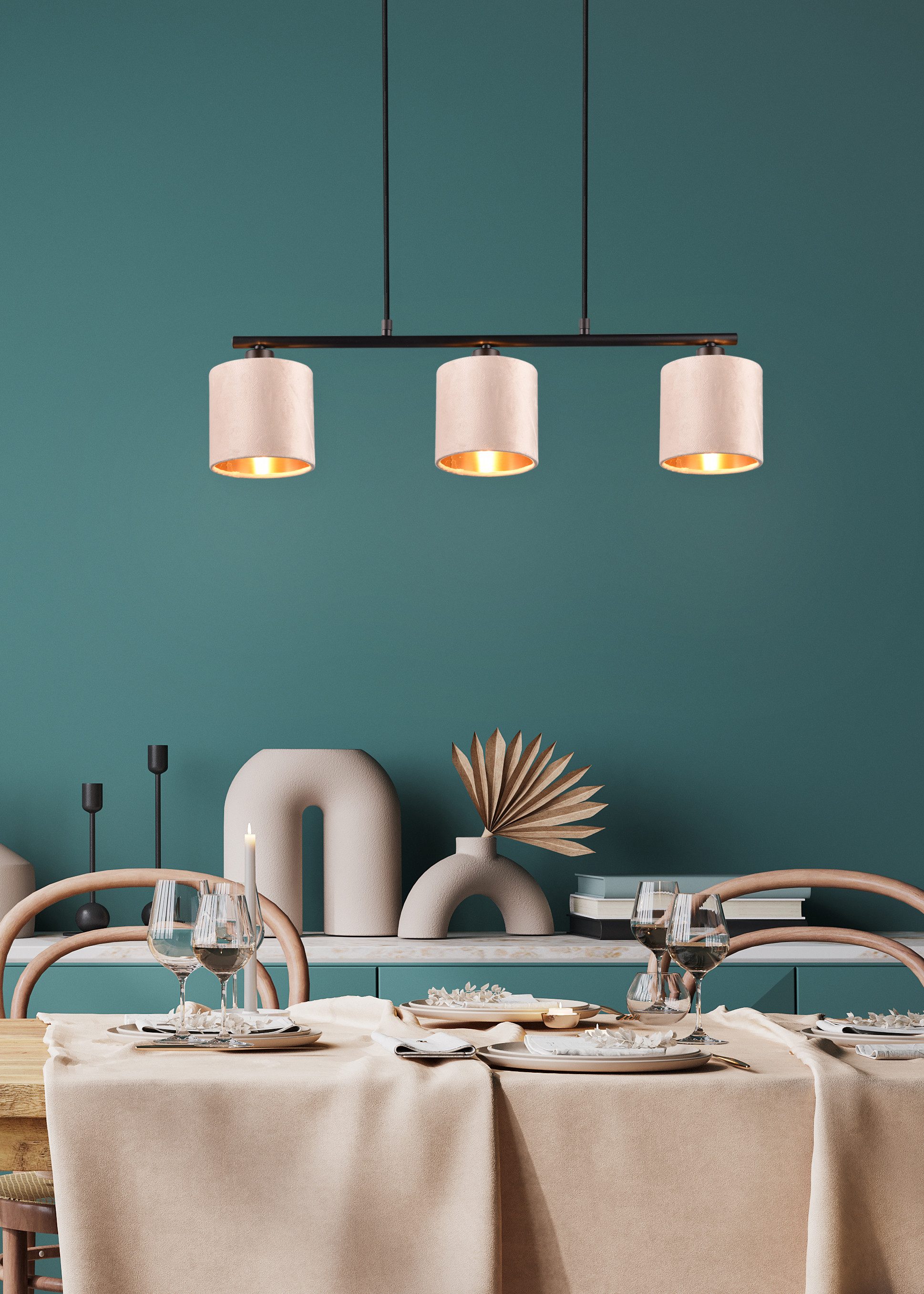 my home Pendelleuchte JOSIE, Hängeleuchte 3-flammig mit Samtschirm beige / günstig online kaufen