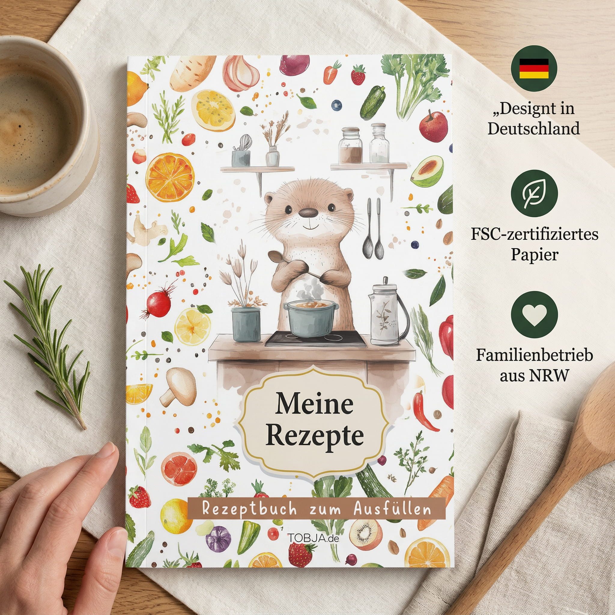 TOBJA Notizbuch Rezeptbuch zum selberschreiben DIN A5 Otterliebe, Saisonkalender, Register, Buchklappen, Leseband – Rezepte – Bild 5 von 5