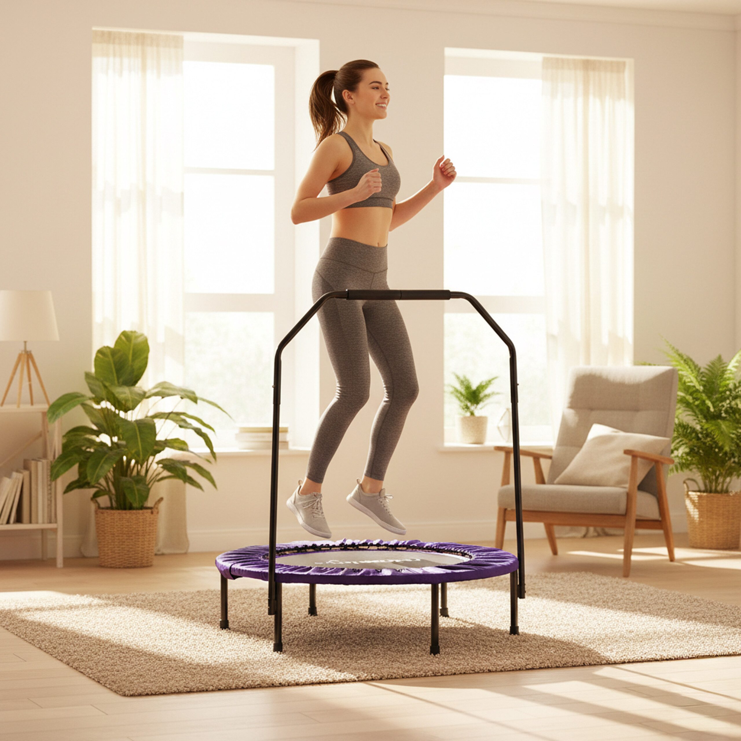relaxdays Fitnesstrampolin Trampolin mit Haltestange Ø 102 cm, lila, 102 cm