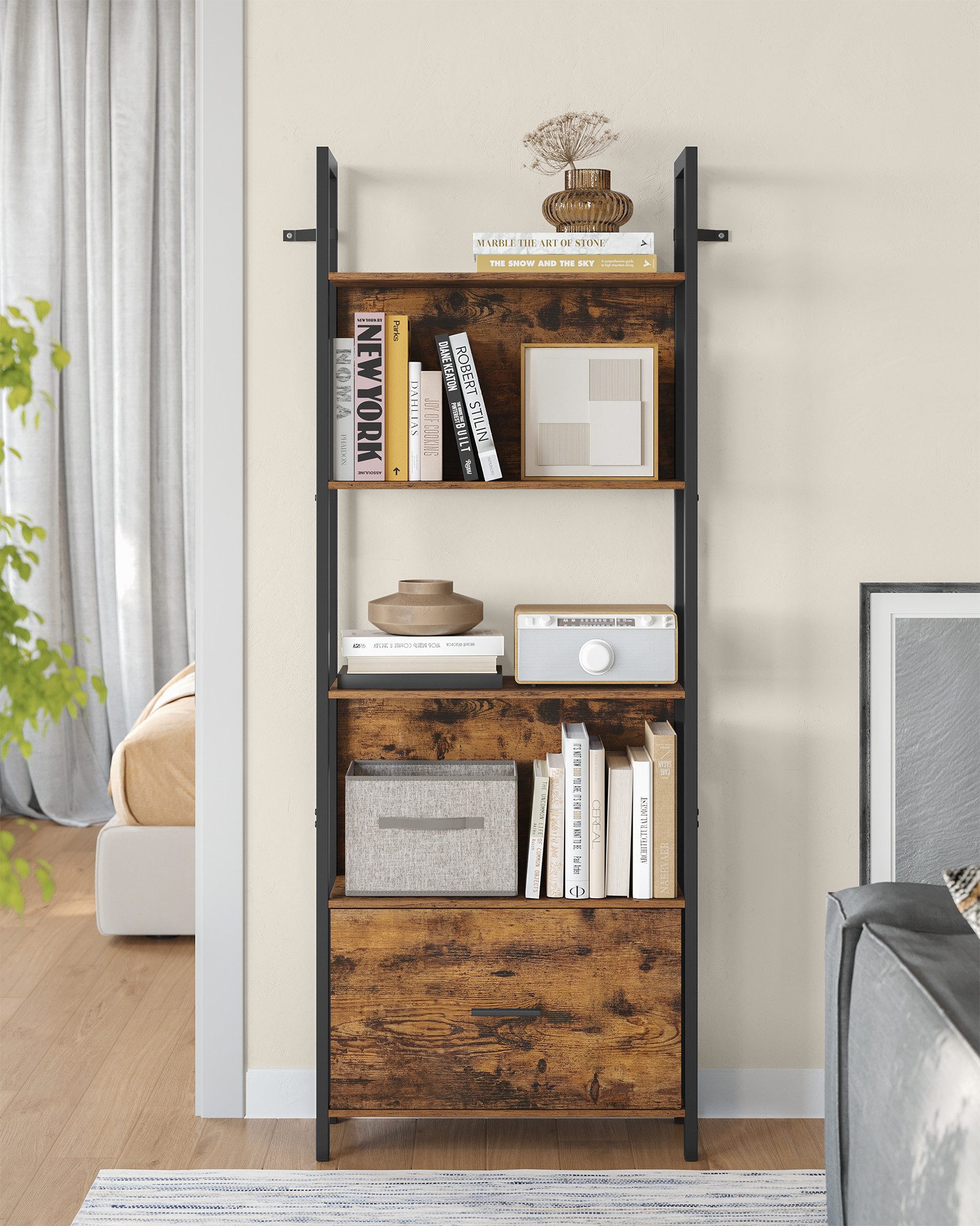 VASAGLE Bücherregal, mit 5 Ebenen, Eckregal mit Schublade, Leiterregal günstig online kaufen
