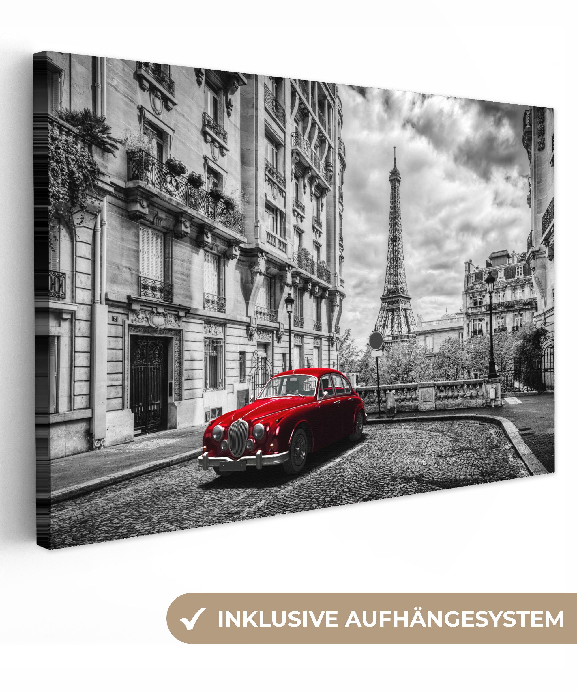OneMillionCanvasses® Leinwandbild Paris - Schwarz - Weiß - Auto, Fotodruck (1 St), Leinwand Bilder Klein, Wand Dekoration Aesthetic 30x20 cm