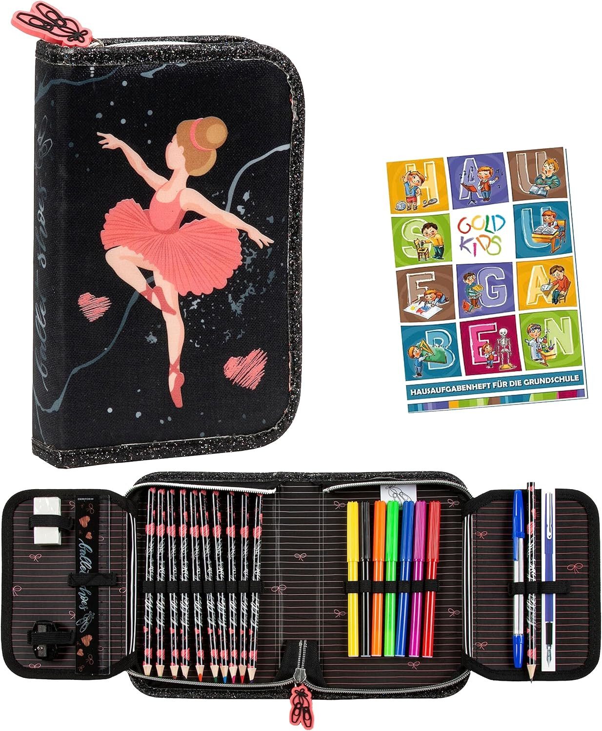 GOLDKIDS Federmäppchen Federmappe Federtasche Ballerina Tänzerin Motiv, (mit Inhalt 22-teilig Buntstifte, 1-tlg., Kugelschreiber Lineal Anspitzer), Fasermaler Radiergummi Etui inkl Hausaufgabenheft