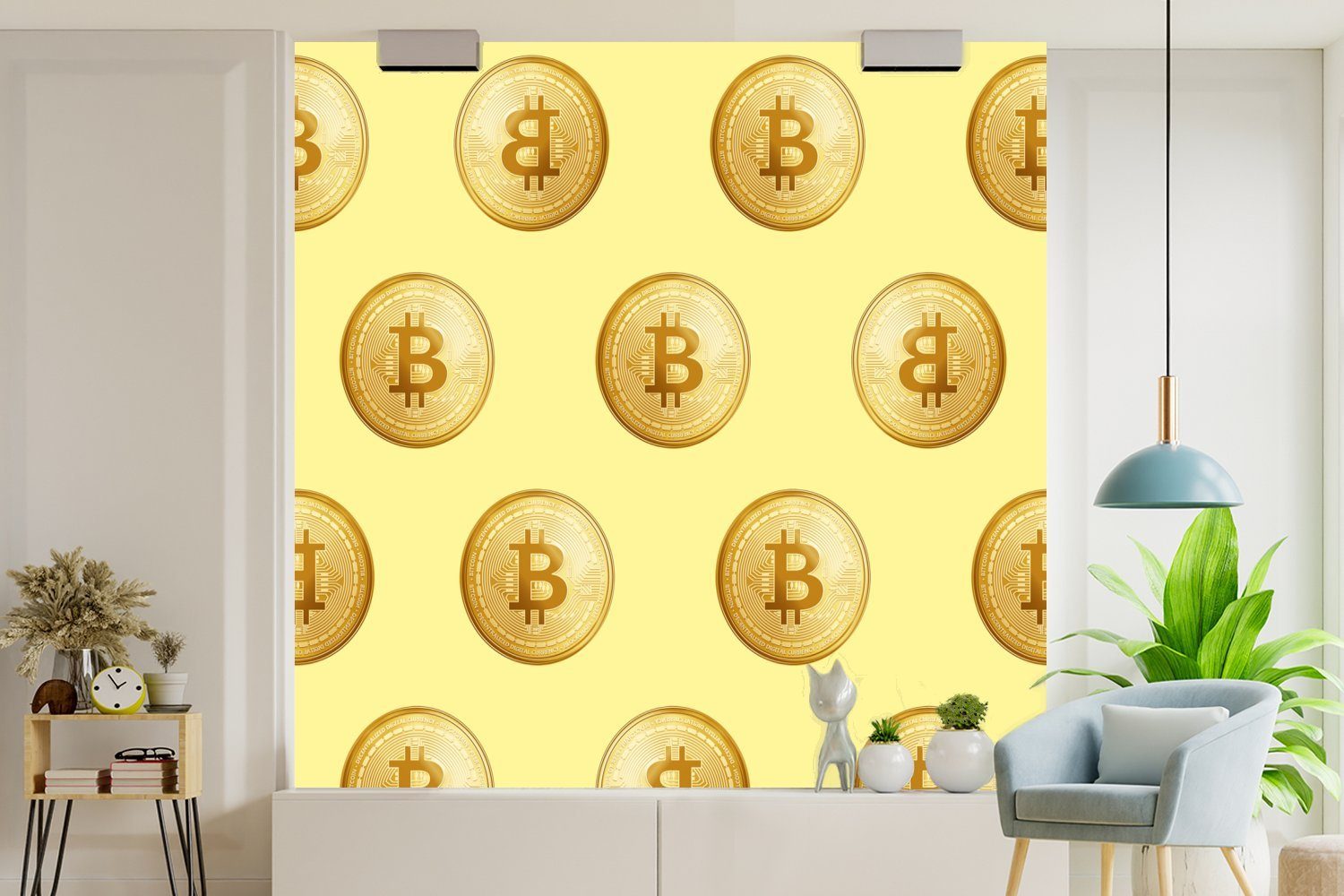 MuchoWow Fototapete Bitcoin Wandtapete Muster (5 Tapete St), - Gold Gelb, Vinyl - bedruckt, Schlafzimmer, oder für - Matt, Wohnzimmer
