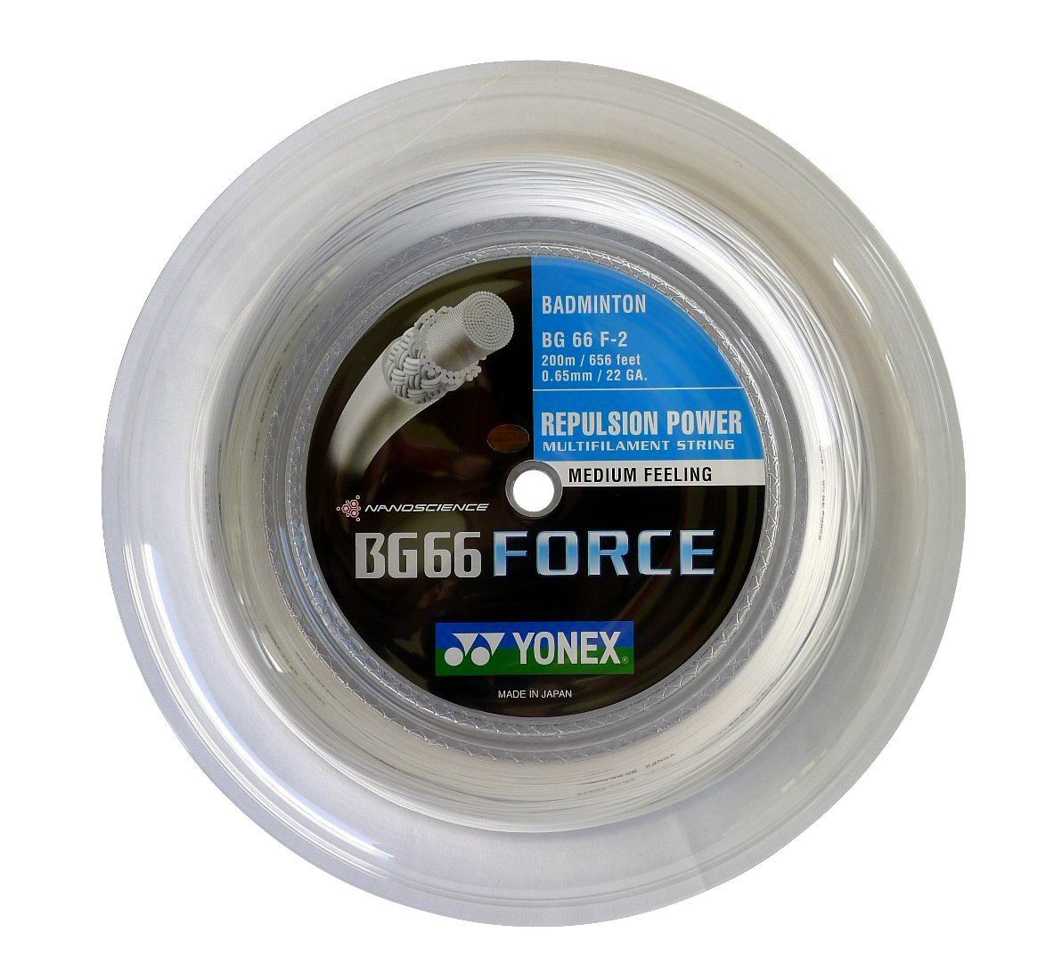 Yonex Badmintonsaite BG 66 Force (Power+Komfort) weiss 200m Rolle, Saitendicke: 0.65