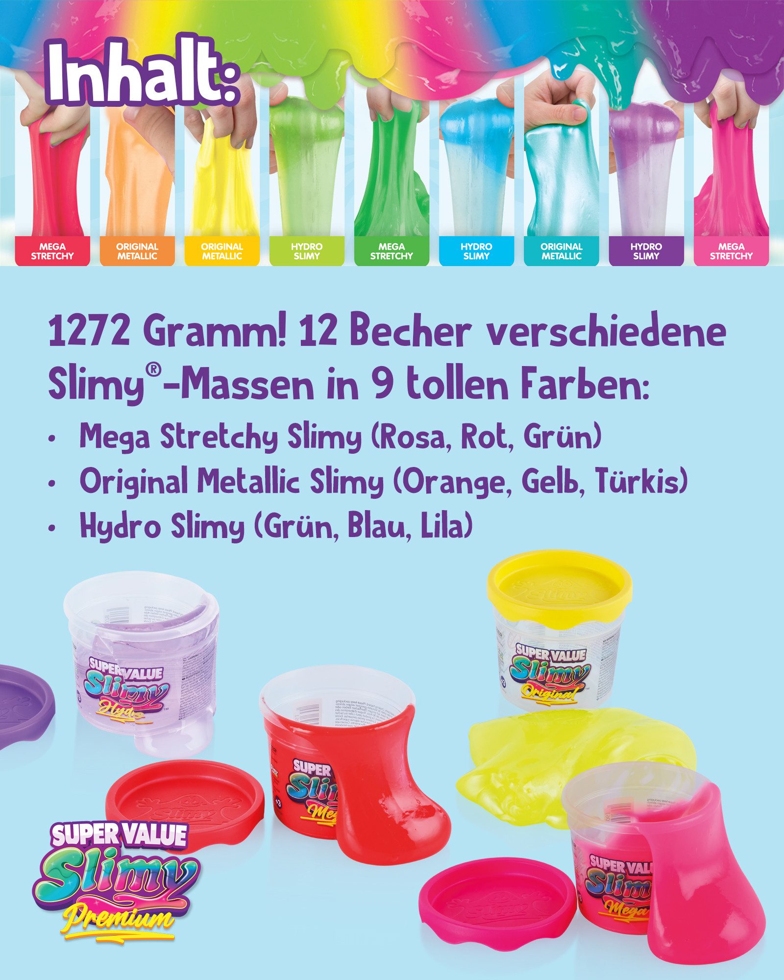 Slimy® Knete Super Value (Original Slimy Slime Set, 1-tlg., mit 3 verschiedenen Spielmassen in 9 Farben), 12 Pack (1272g)
