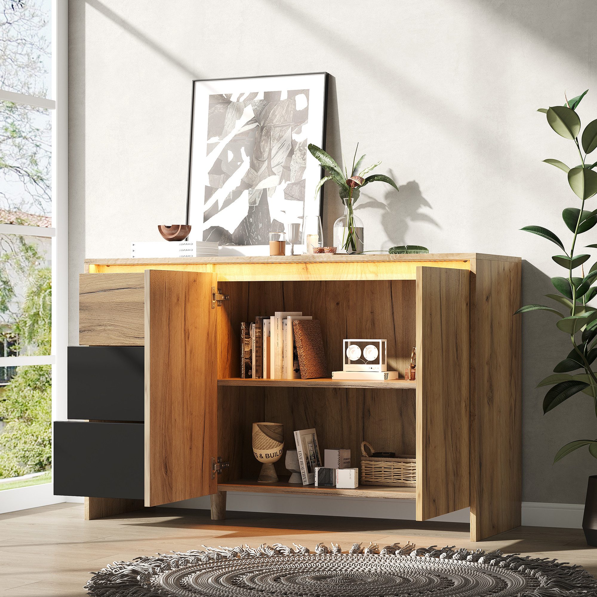 STILVORA Sideboard mit 3 Schubladen Kommode mit LED-Lichteffekte für Wohnzimmer Esszimmer (Küchenschrank Buffetschrank mit 2 Türen, Integrierte LED-Leuchten mit mehreren Farboptionen), als TV-Schrank oder Anrichte Aufbewahrungsschrank