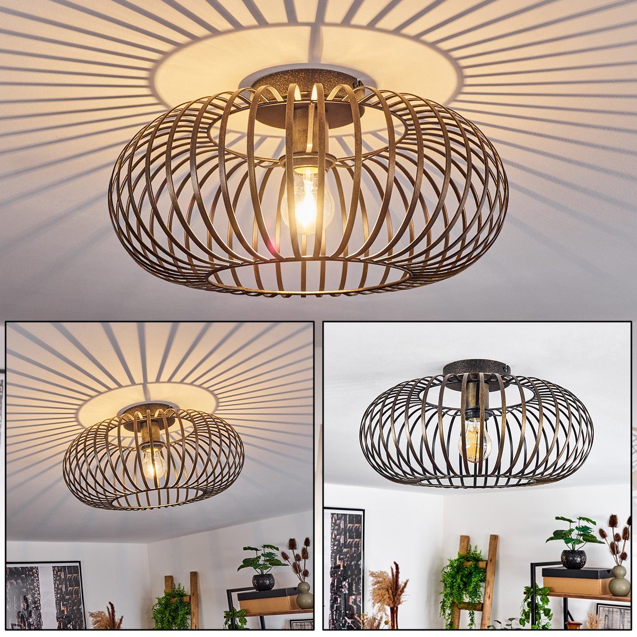 hofstein Deckenleuchte »Aidone« runde Deckenlampe aus Metall in Goldfarben-antik/Schwarz, ohne Leuchtmittel, E27, Ø40cm, Leuchte im Vintage-Design mit tollem Lichteffekt