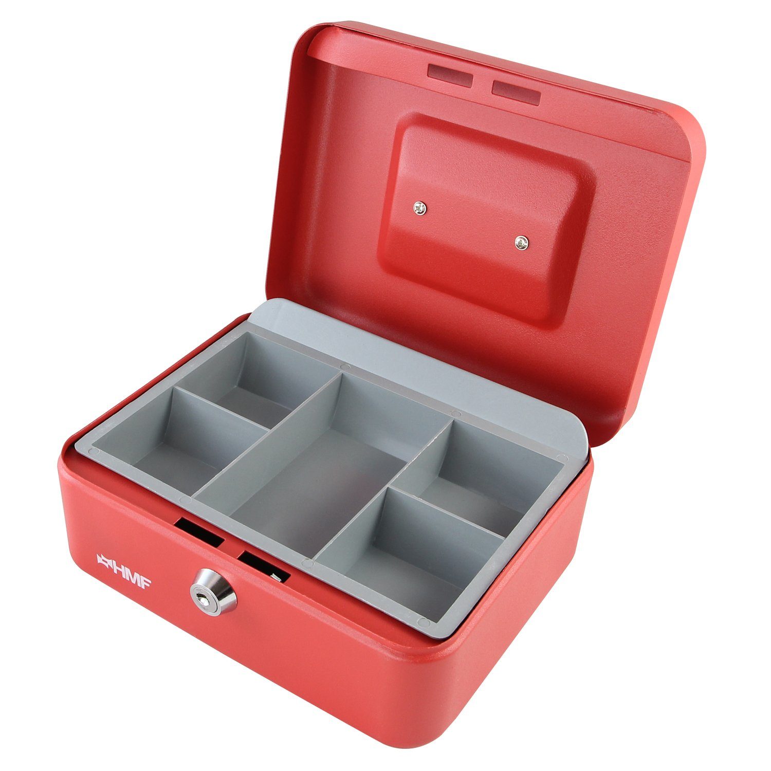 mit HMF Geldkassette Abschließbare Geldbox rot mit Schlüssel, cm Münzeinsatz, Bargeldkasse robuste 20x16x9,5
