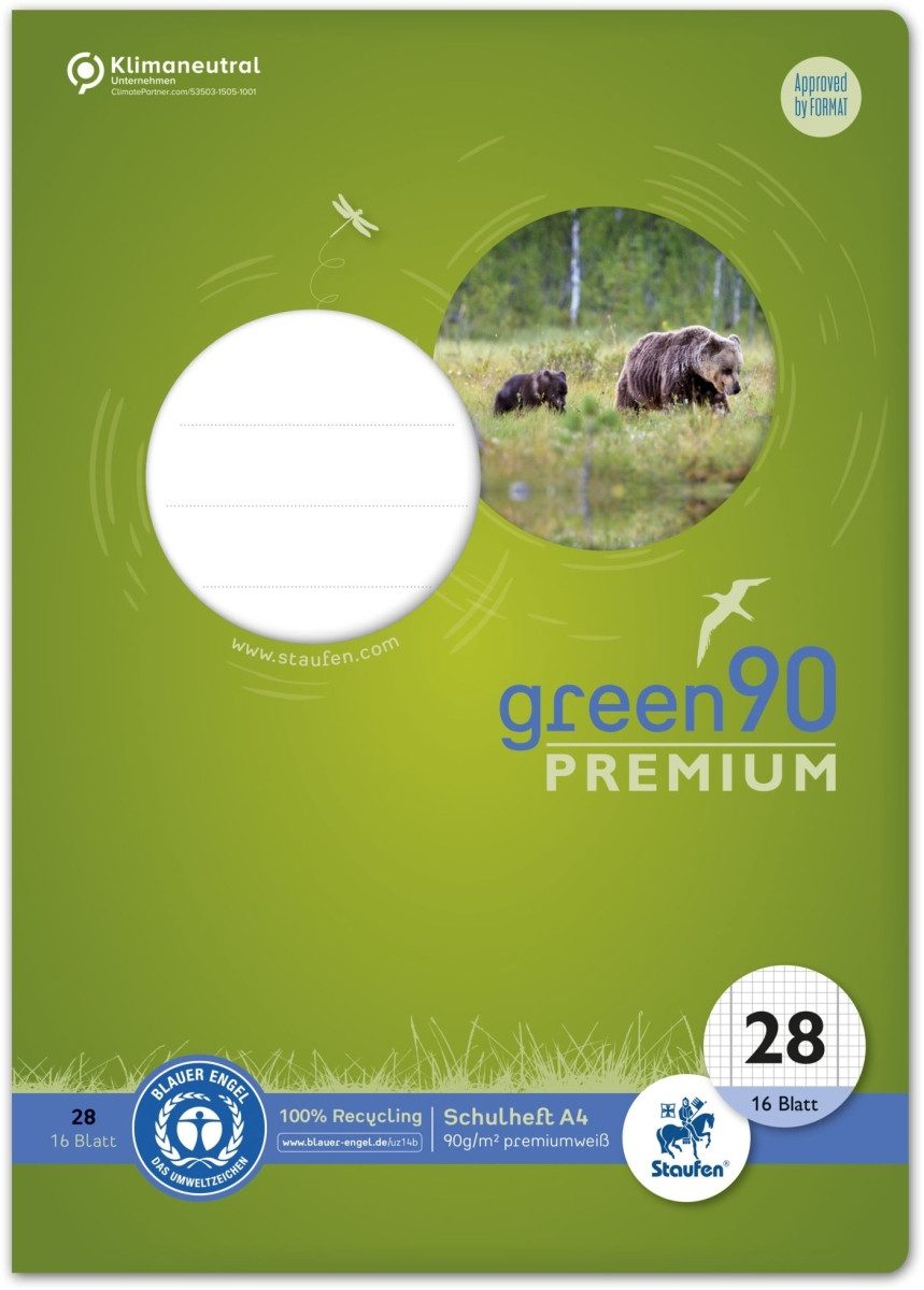 Staufen Schulheft Schulheft Green A4 kariert mit Rand Lineatur 28 16 Blatt Packung mit 1
