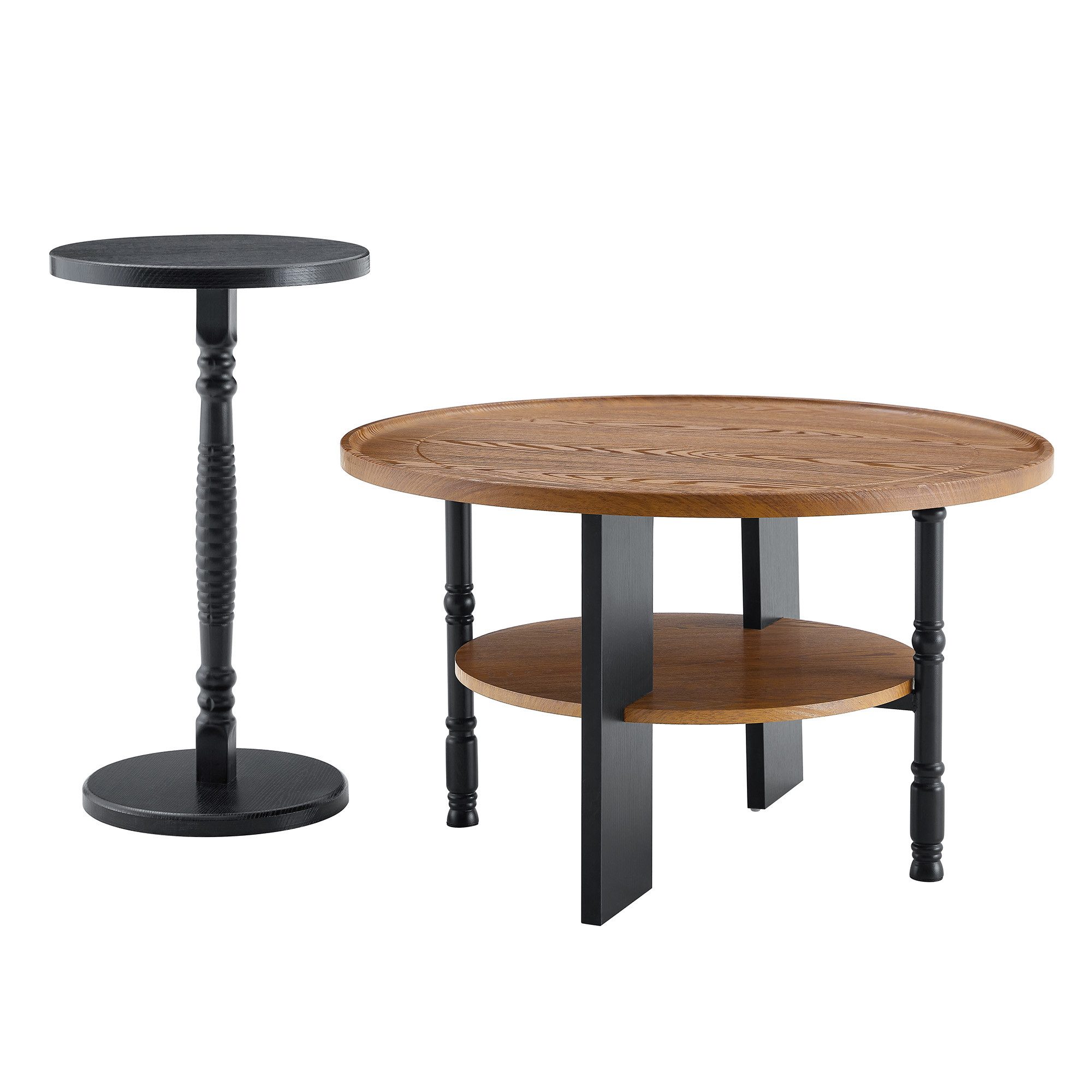 JUFU Couchtisch Set 2-teilig, Retro-Stil, runder Wohnzimmertisch (2-St), Ø 80 cm Couchtisch mit Ablage + Ø 38 cm Beistelltisch