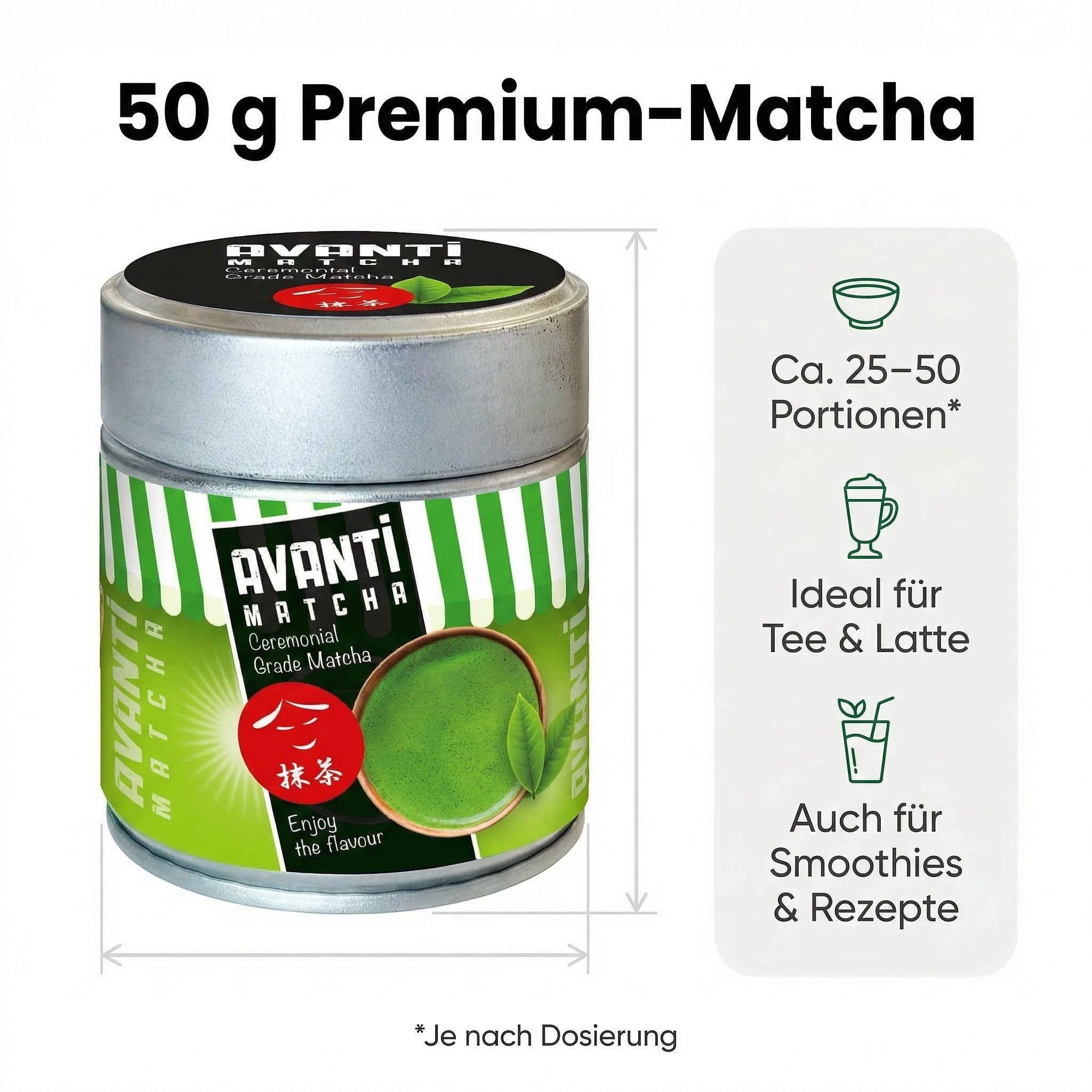 LK Trend & Style Tee Avanti Matcha Zeremonielle Qualität Grüntee-Pulver, 1 x 50 g, (Beim Kauf von 2 Dosen bekommen Sie einen Matchabesen gratis dazu), 100% natürlich, Pur und unverfälscht
