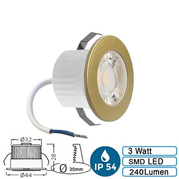 Braytron LED Einbaustrahler 3 Watt LED mini Einbauleuchte Einbaustrahler Spot Gold Warmweiß Schutz, Warmweiß, 3w, 210 Lumen, Warmweiß, Ø44 x 28 mm, Gold, Lochmaß: Ø32, rund, IP54