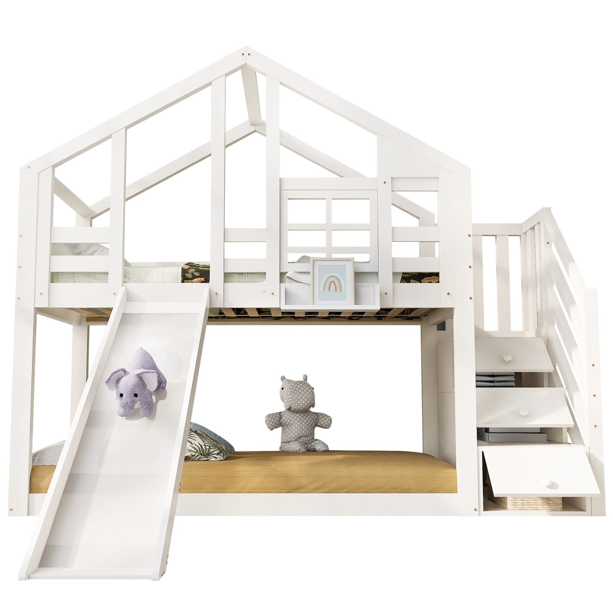 OKWISH Etagenbett Kinderbetten Einzelbett Gästebett (Hausbett Baumhaus, mit 2 Schlafplätze, 3 Schublade), mit Rausfallschutz, 90 x 200 cm