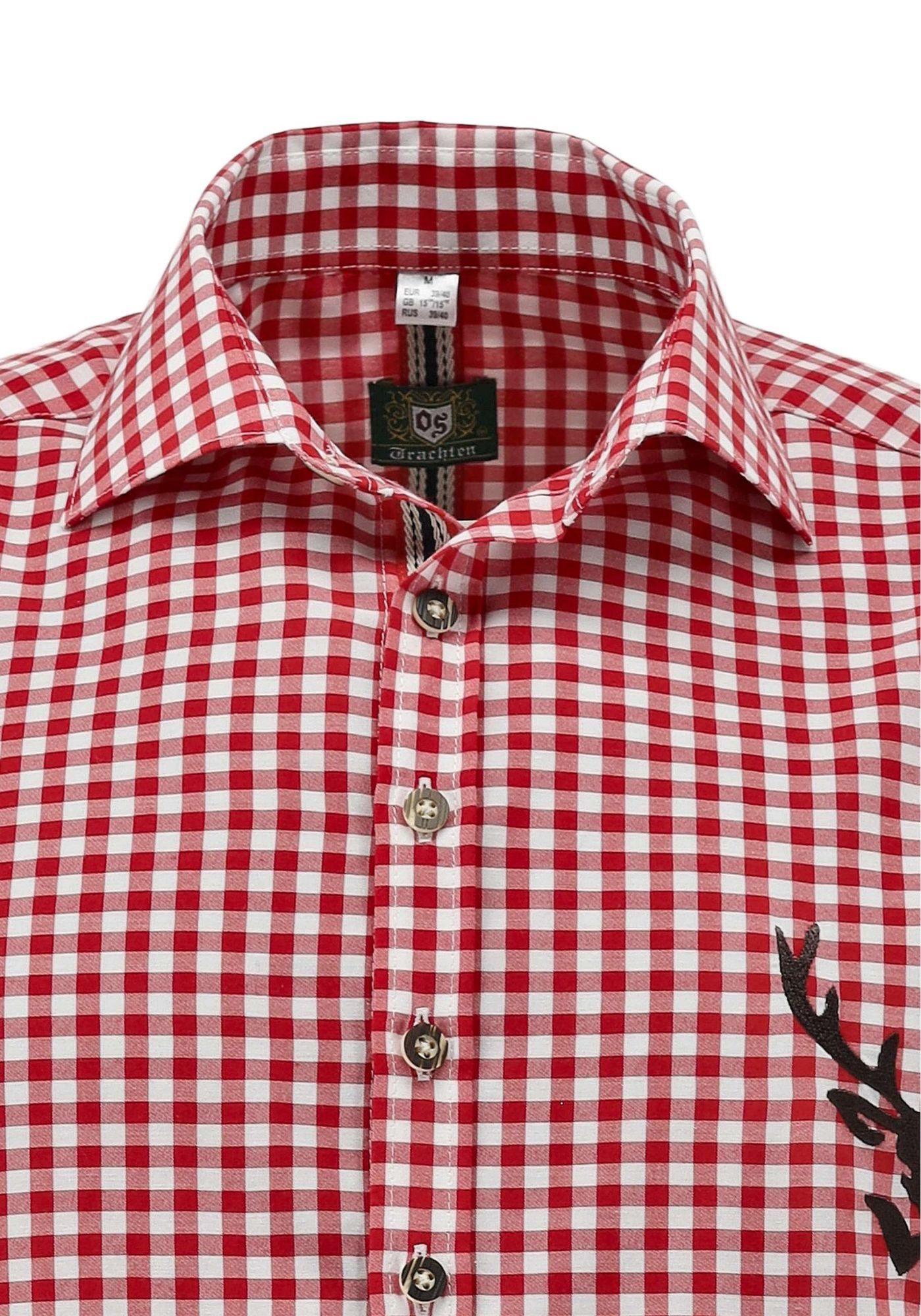 OS Trachten Trachtenhemd Lamenta Slim Fit, Haifischkragen, 1/1-Arm, Hirschdruck auf der Brust, Zierband