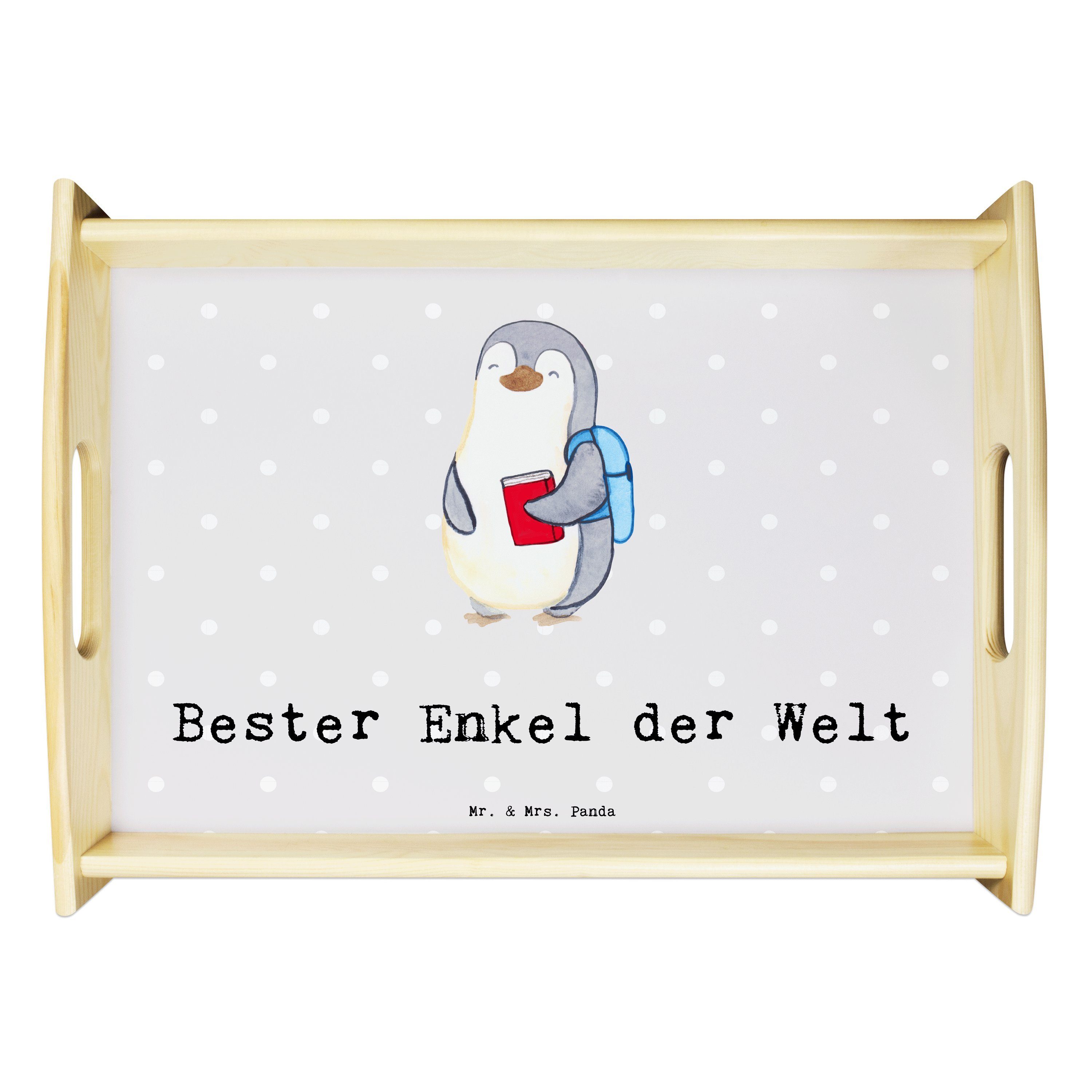 Mr. & Mrs. Panda Tablett Pinguin Bester Enkel der Welt - Grau Pastell - Geschenk, Bedanken, Op, Echtholz lasiert, (1-tlg)