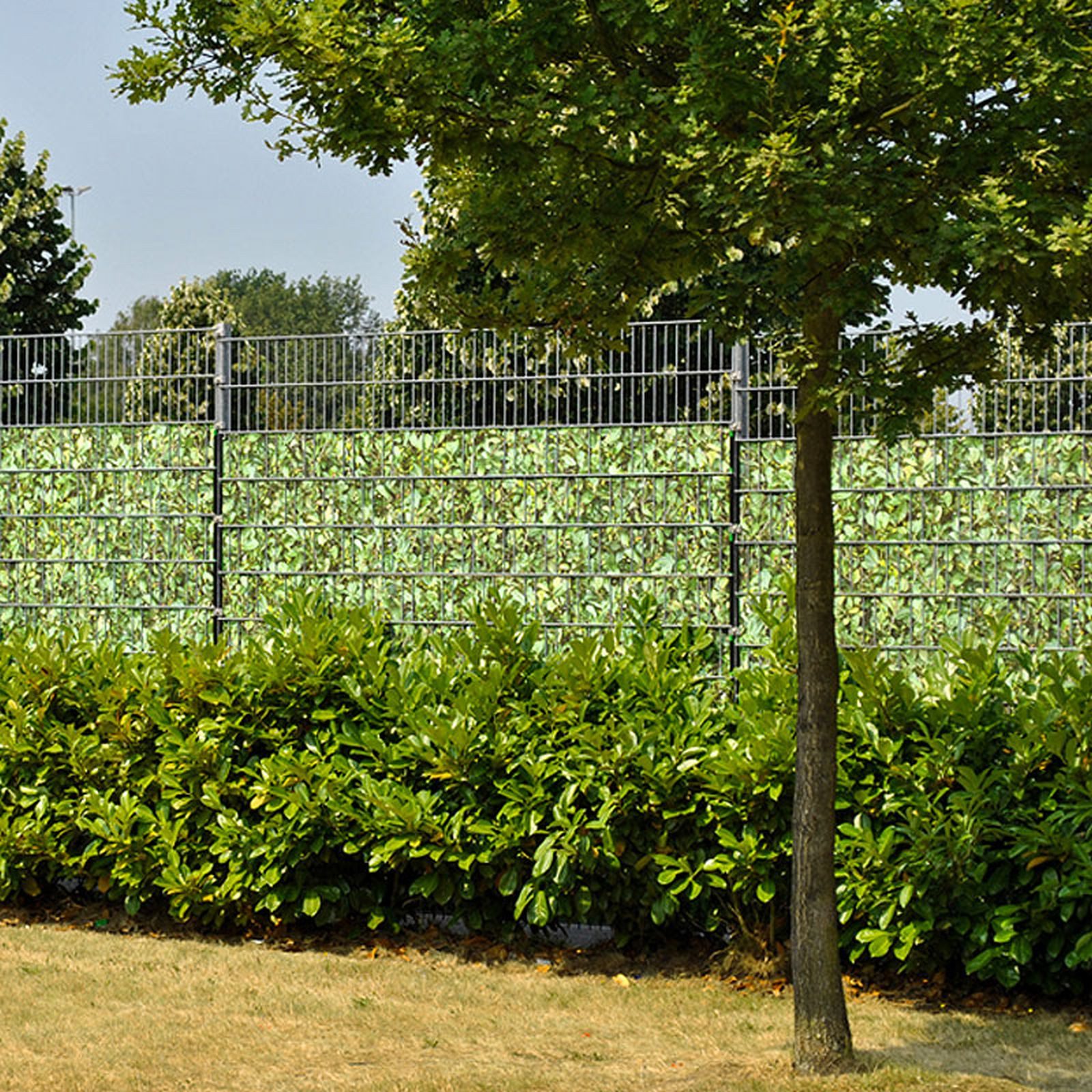 zaunzu Sichtschutzstreifen Kirschlorbeer bedruckter Sichtschutz 2,5m x 2,0m, (1 Rolle, Motivdruck Sichtschutzstreifen), Beidseitiger Druck für Doppelstabgitter