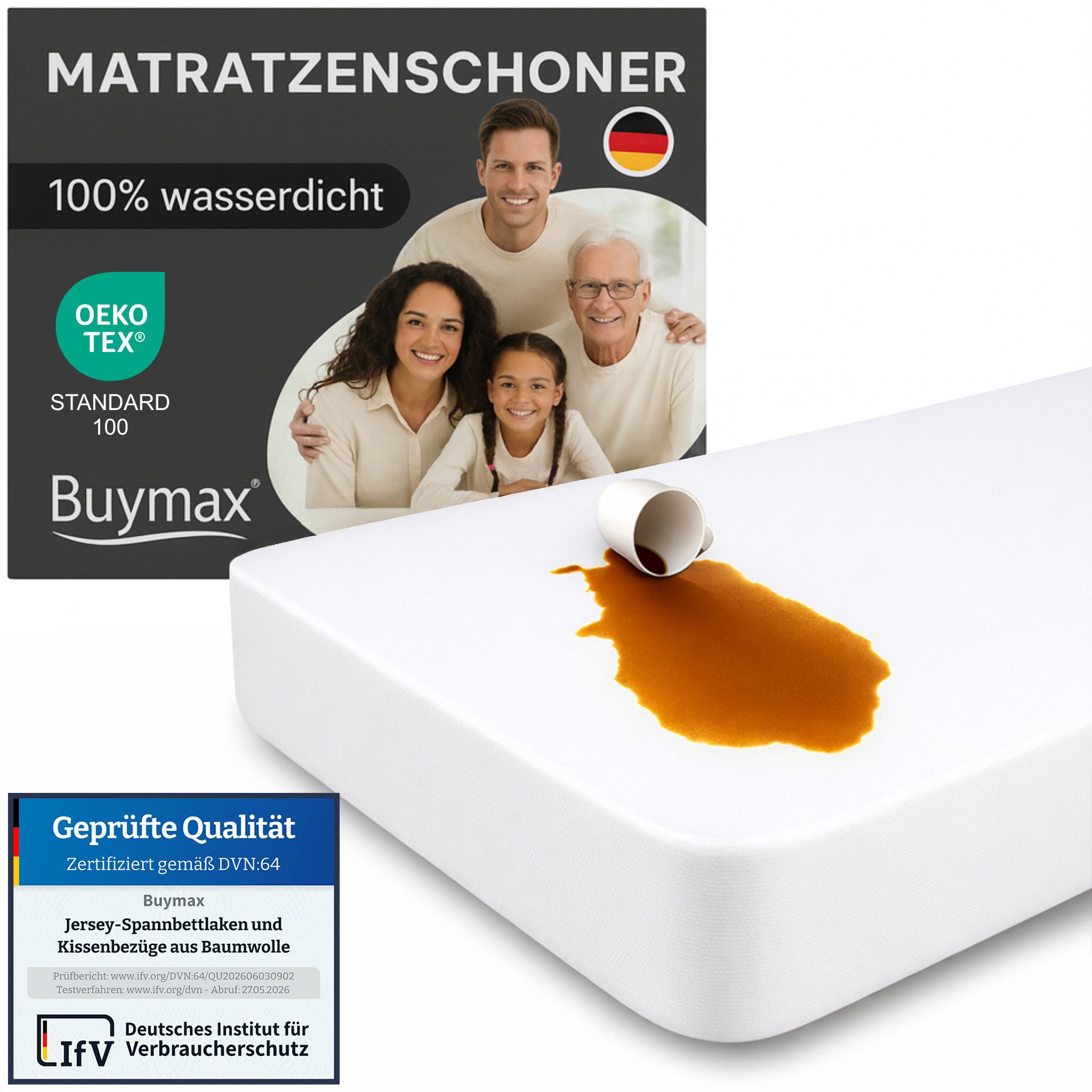 Matratzenschutzbezug Buymax, Wasserdicht Matratzenschoner mit Rundumbezug bis 60° Waschbar