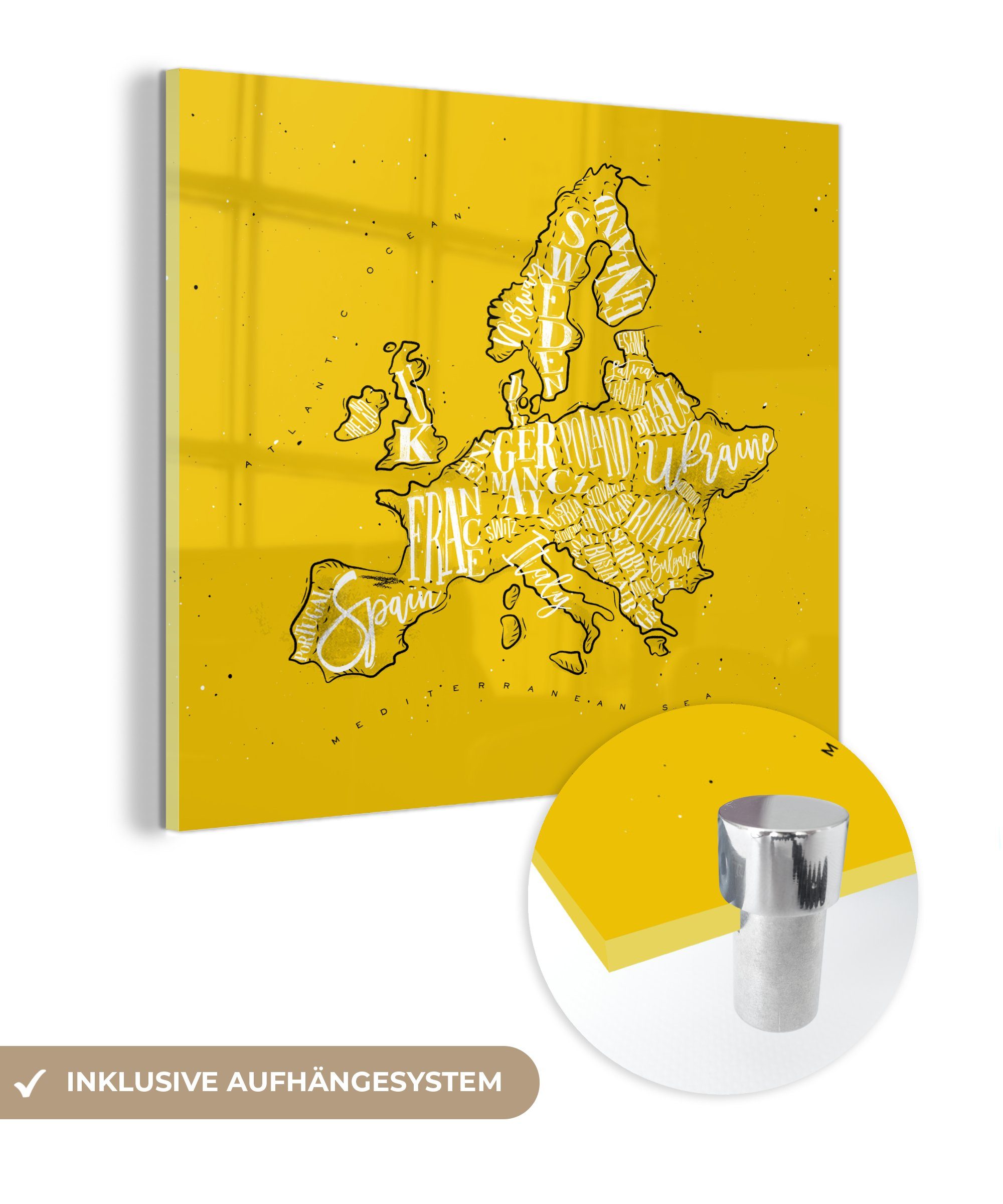 MuchoWow Acrylglasbild Karte - Europa - Gelb - Weiß, (1 St), Glasbilder - Bilder auf Glas Wandbild - Foto auf Glas - Wanddekoration