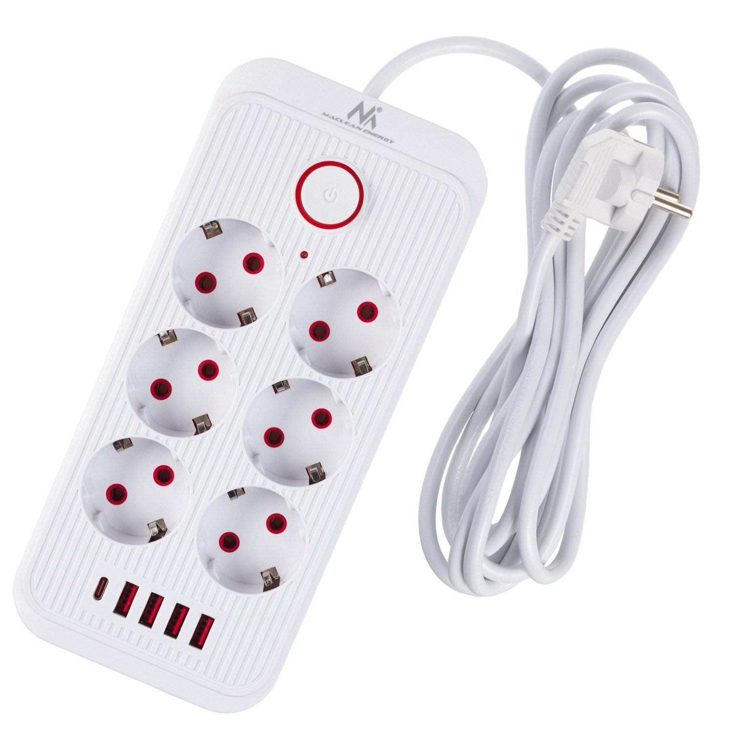 Maclean Steckdosenleiste 6 Steckdosen 2500W 4xUSB Mehrfachsteckdose 6-fach (Ein-/Ausschalter, Kabellänge 3 m), 110-240V AC 50/60Hz, 2,1A max 2500W