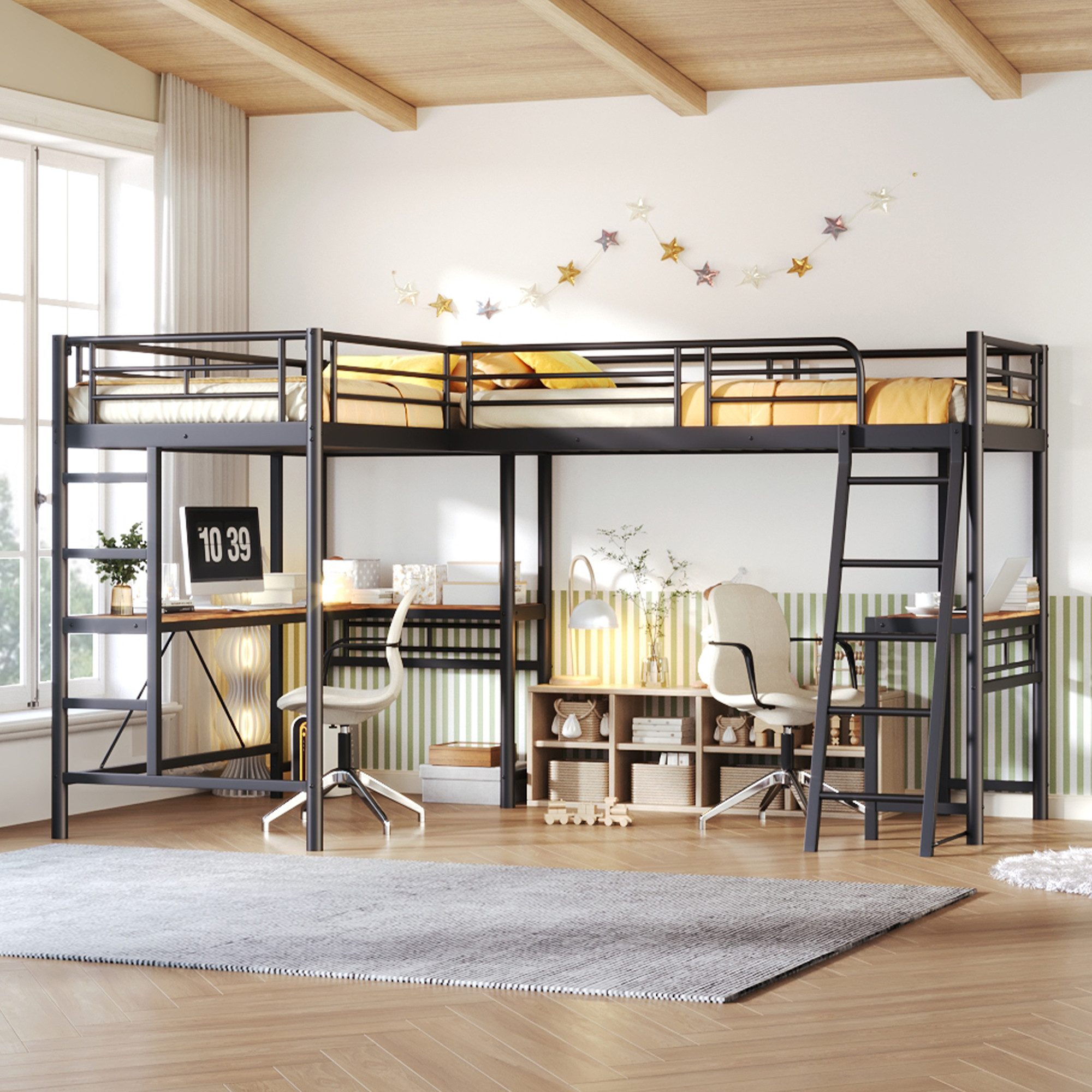 Flieks Hochbett Kinderbett Metallbett 90x200cm mit 2 Liegefläche und Schreibtisch – Bild 2 von 5