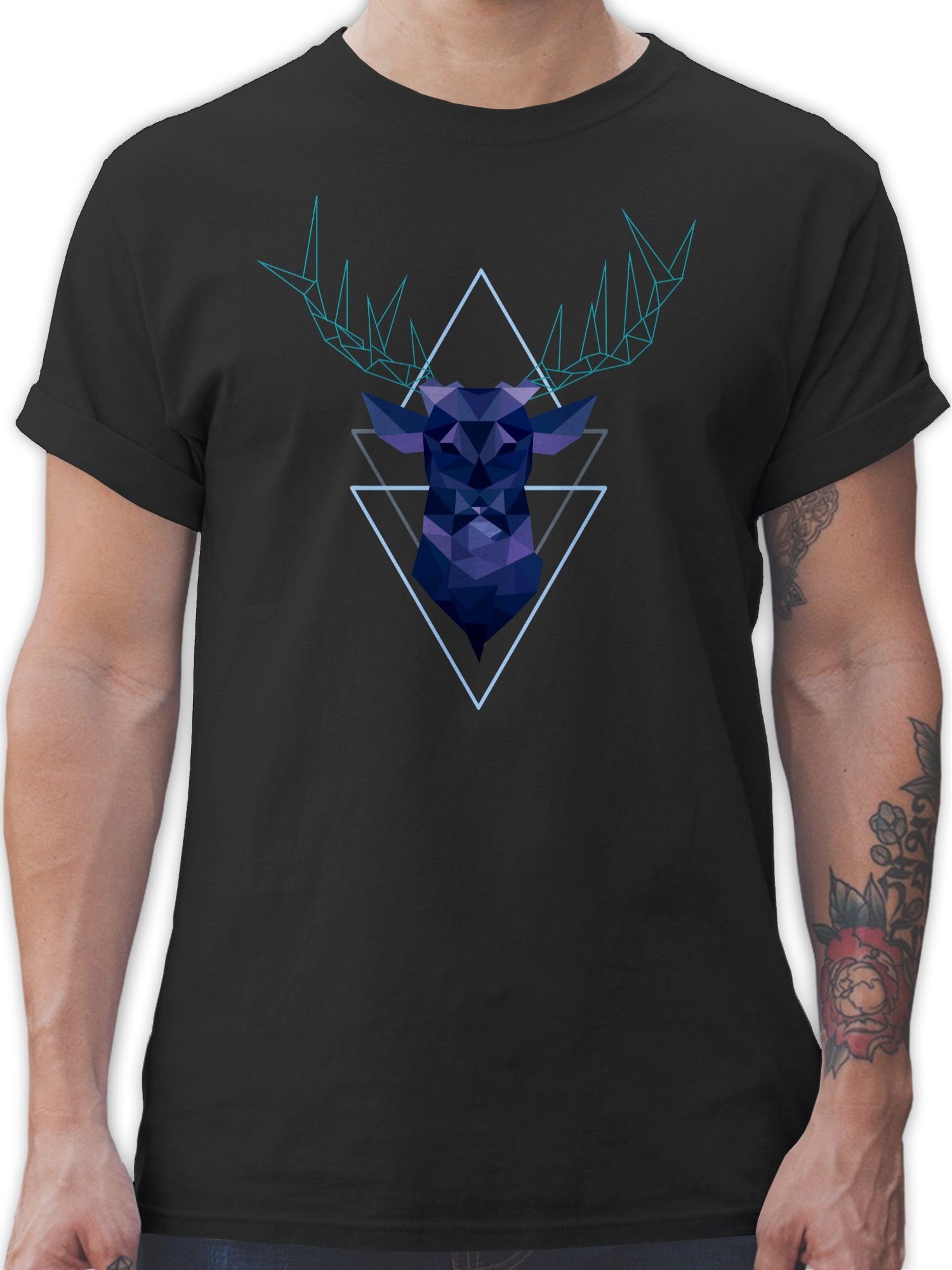 Shirtracer T-Shirt Geometrischer Hirsch - blau Mode für Oktoberfest Herren 1 Schwarz