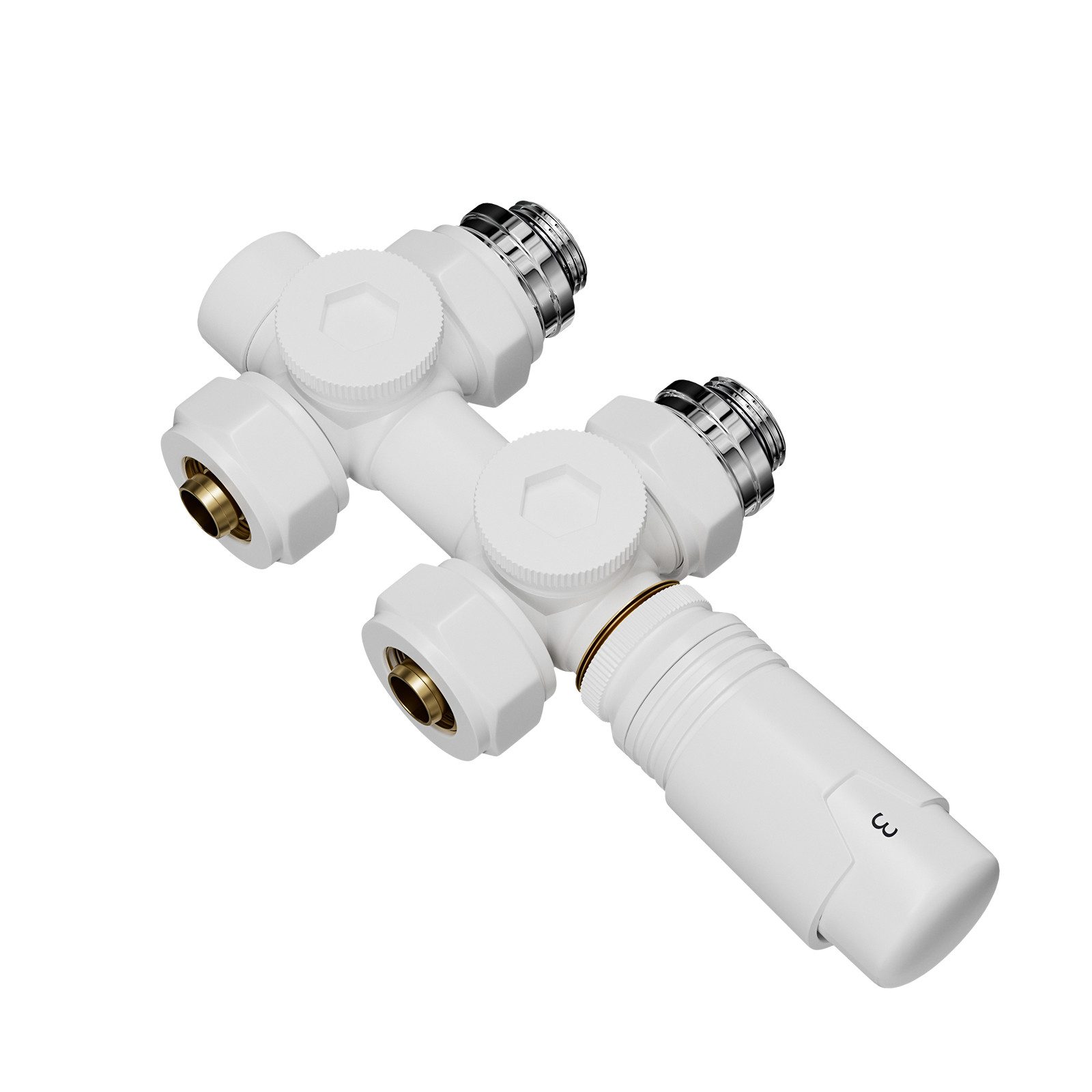 Heilmetz Heizkörperthermostat Multiblock Set für Heizkörper Messing Anschlussarmatur, (Geeignet für 15 mm tubes en cuivre und 16 mm Mehrschichtrohre, 1 St., G 1/2", 50mm Anschluss mittig-unten) Eck- und Durchgangsform Anschlussarmatur, Weiß / Anthrazit / Chrom