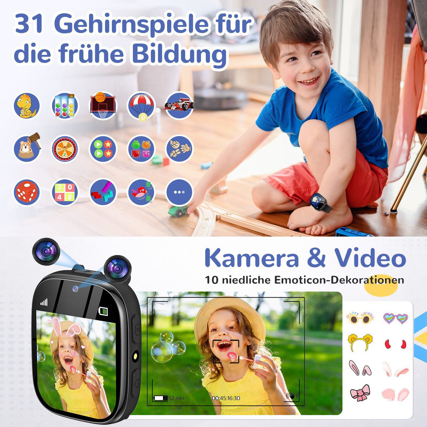 SWGOTA 800mAh 2G Smartwatch Kinder mit Telefonfunktion,Unterstützung für SOS Smartwatch (1,83 Zoll) mit 31 Spiele, Schulmodus,Foto,Video,Wecker, IP68 Fitness Tracker Kompatibel mit Android und iOS