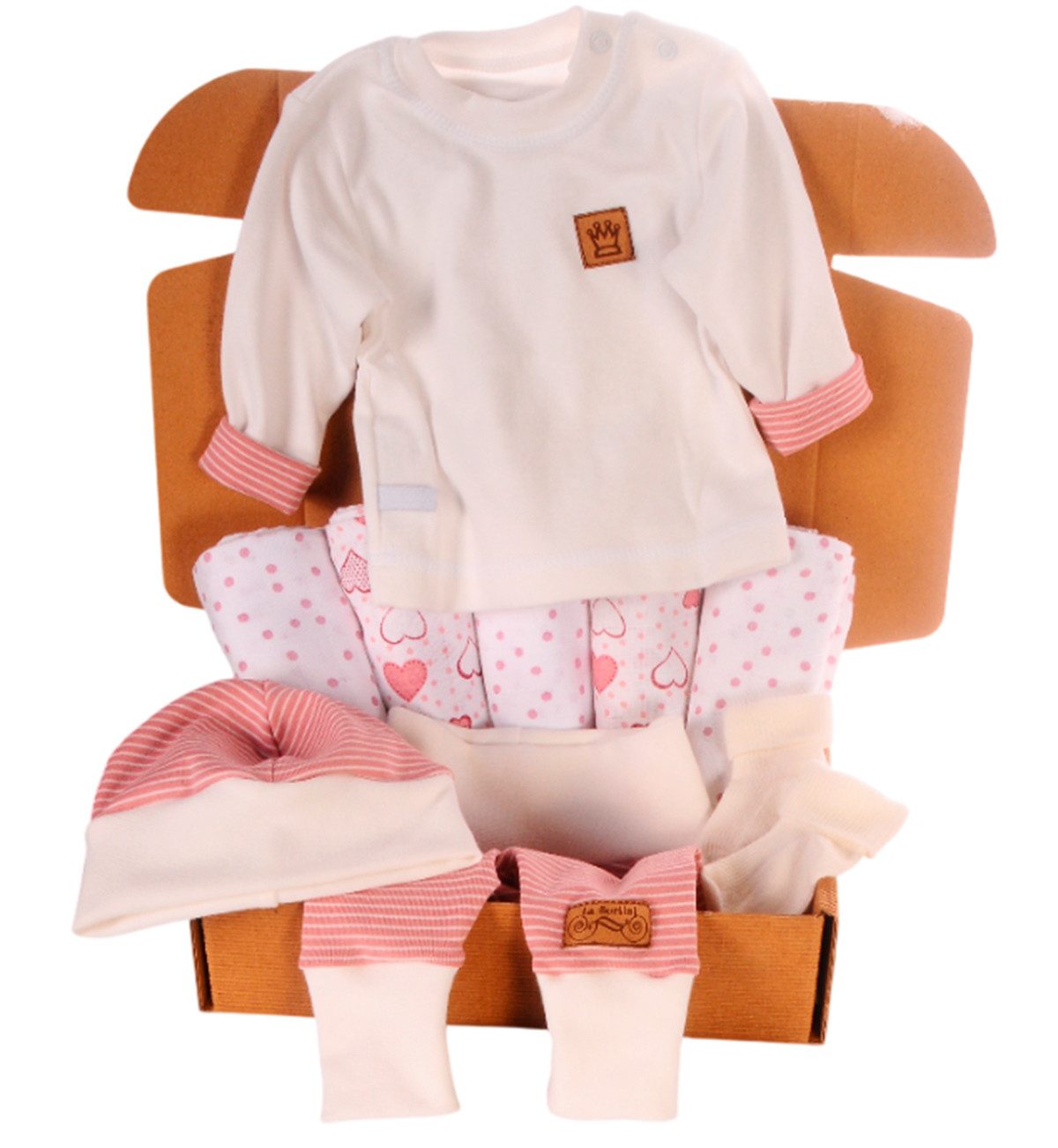 La Bortini Erstausstattungspaket Baby Geschenk Set Paket Hose Langarmshirt Mütze Socken Tücher (Bekleidung für Baby Mädchen, Erstlingsset auch für Frühchen, Geschenkset für Neugeborene, Spucktücher und Baby Anzug) elastisch, weich, 44 46 50 56 62 68 74