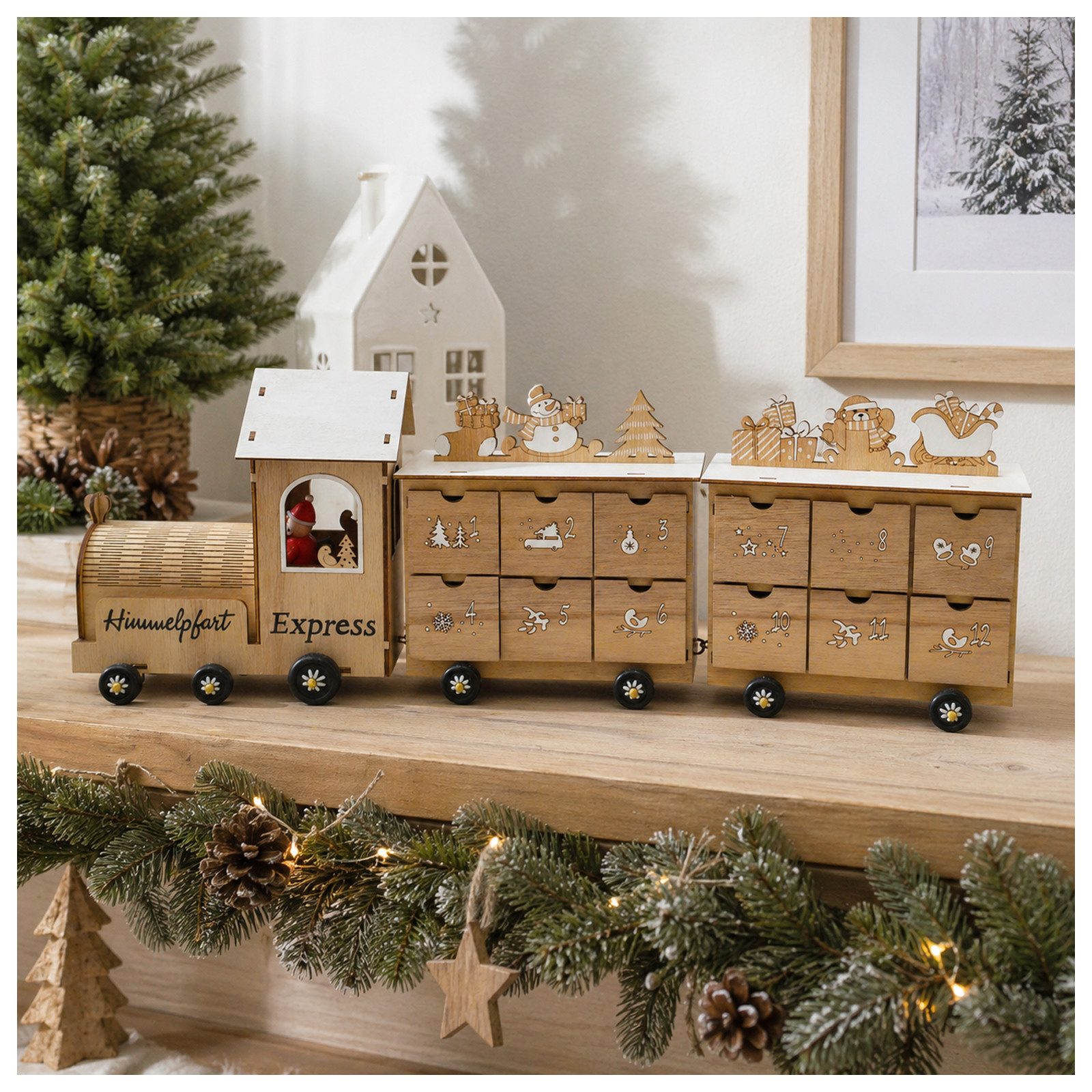 HTI-Living befüllbarer Adventskalender Adventskalender Weihnachtszug Natur (1 Stück, 1-tlg), Dekorativer Weihnachtskalender mit 24 Schubladen
