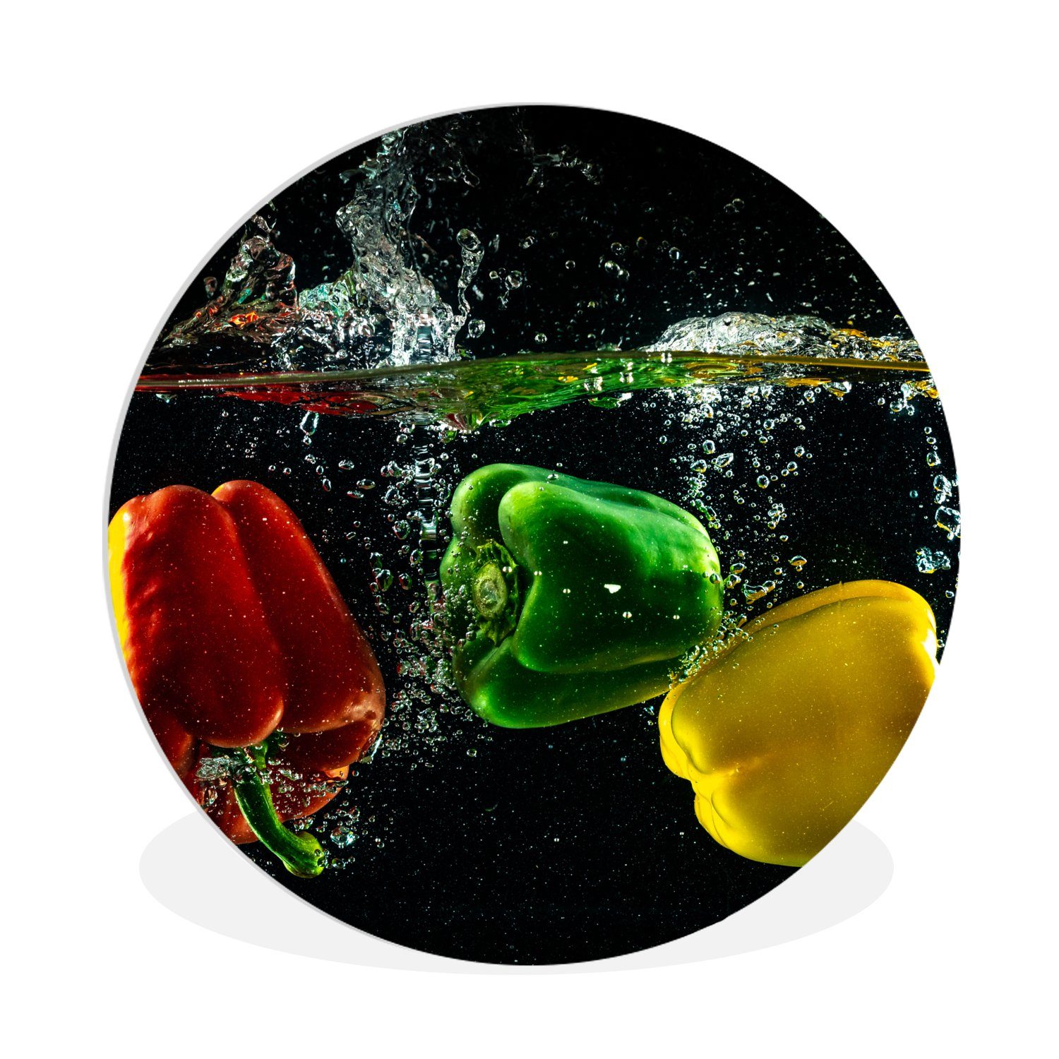 MuchoWow Gemälde Paprika - Gemüse - Wasser - Schwarz - Rot - Grün - Gelb, Fotodruck (1 St), Kreis Wanddekoration, Rundes Wandbild, 30x30 cm