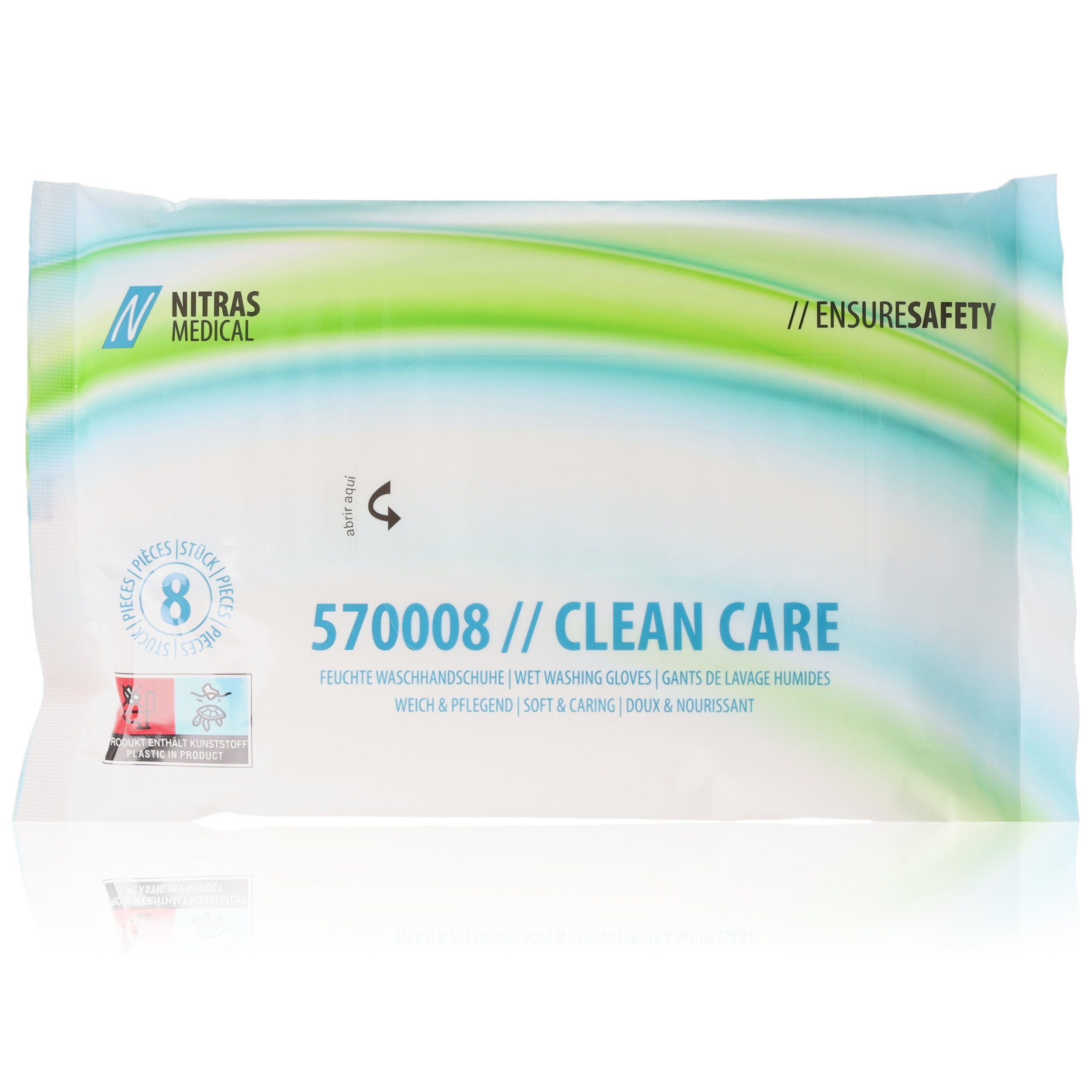 Nitras Medical Einmal-Waschhandschuh NITRAS CLEAN CARE 8 Waschhandschuhe 23 x 14cm (Einmal-Waschhandschuh 8-St. weich & erwärmbar), Mit milder Waschlotion (Aloe Vera & Kamille) getränkt