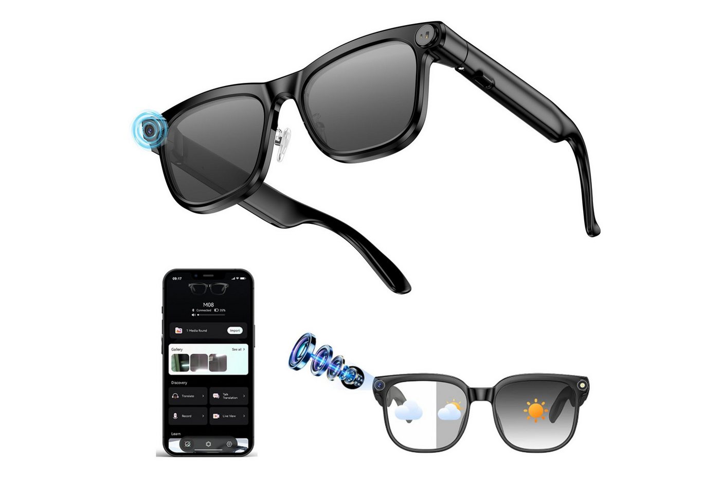 KAIGERR Sonnenbrille KI Brille mit Kamera – 13MP / 20MP Sony Sensor, 3 Paar Wechselgläser (1-St) 130+ Echtzeit Übersetzung, Smart Glasses …