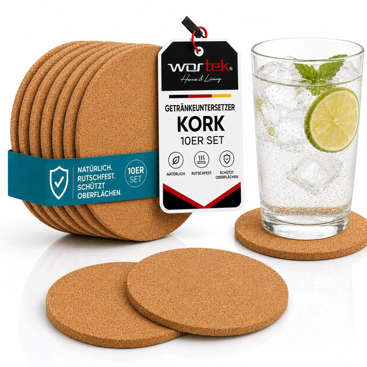 wortek Getränkeuntersetzer Kork Untersetzer Getränkeunterlage Braun, Zubehör für Getränke, Gläser, Tassen, 10er Set, 10-tlg., Kork Glasuntersetzer für Getränke - Tischuntersetzer aus Kork Ø 10 cm