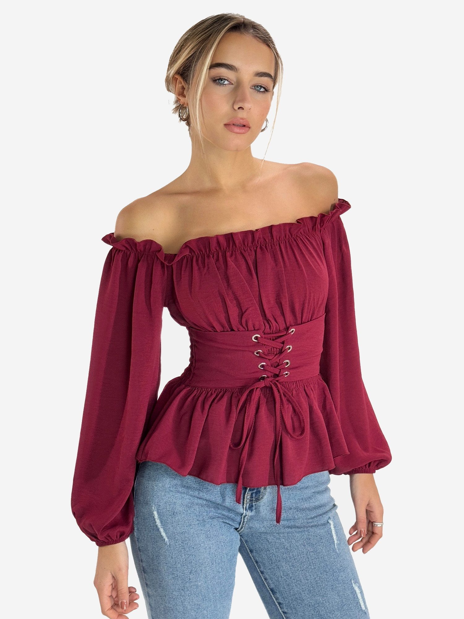 Elara Blusentop Damen Carmenbluse mit Schnürung, Smokbund und Ballonärmeln