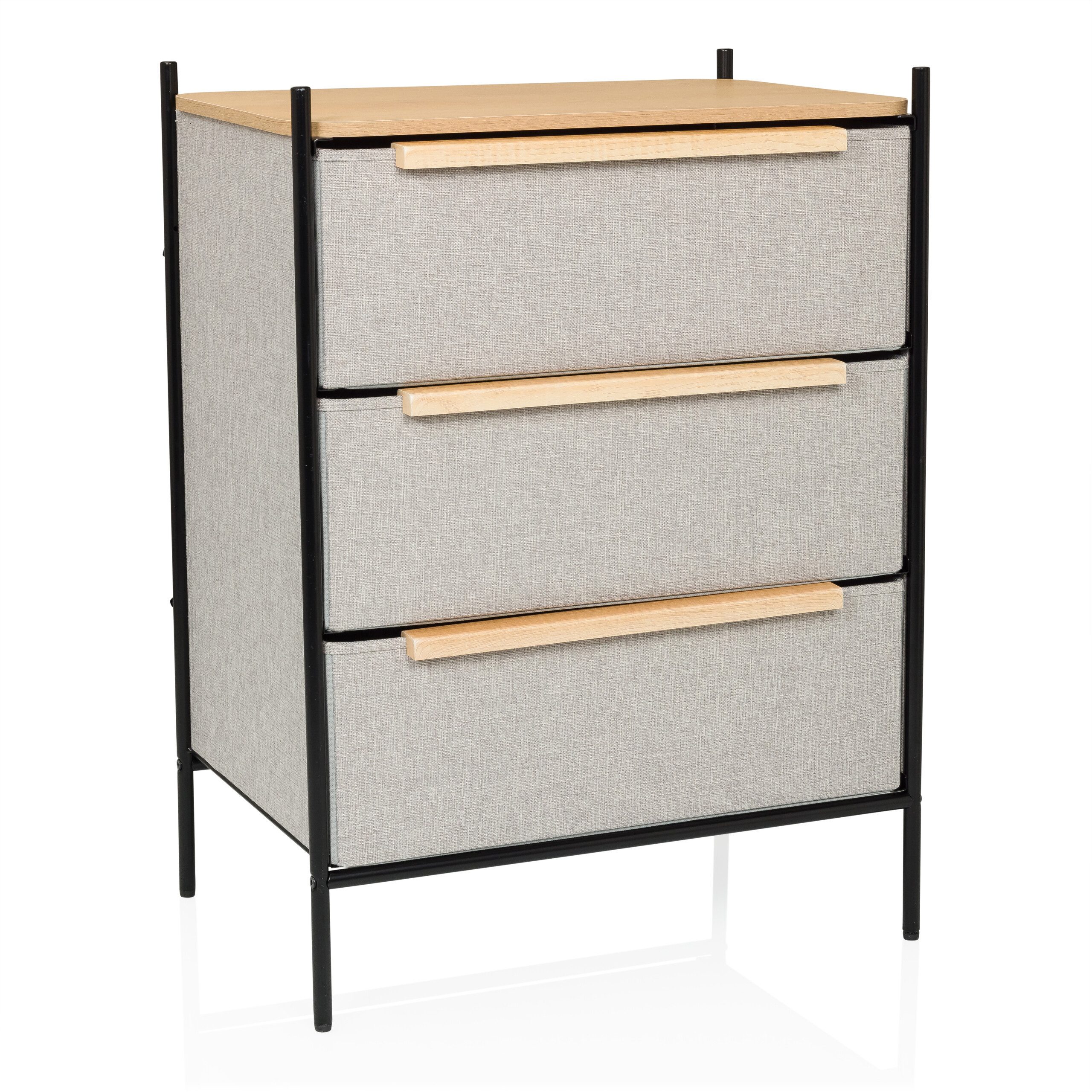 hjh LIVING Kommode STUVAR Sideboard H/B/T: 79.0 x 58.0 x 39.0 cm, Schubladenkommode mit 3 Stoff-Schubladen, Metallgestell, Holzgriffe