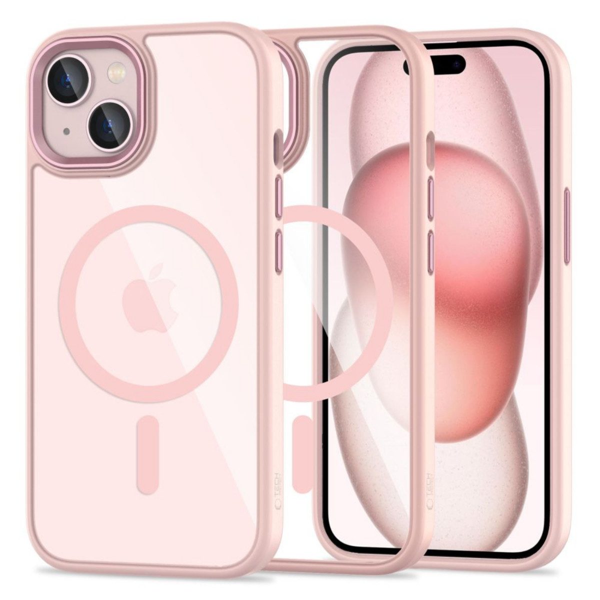 TECH PROTECT Handyhülle MagMat Schutzcase mit Magnetfunktion Kompatibel mit iPhone 15 Rosa 6,1, Transparentes Rosacase mit Magnetfunktion und griffigem TPU Schutz